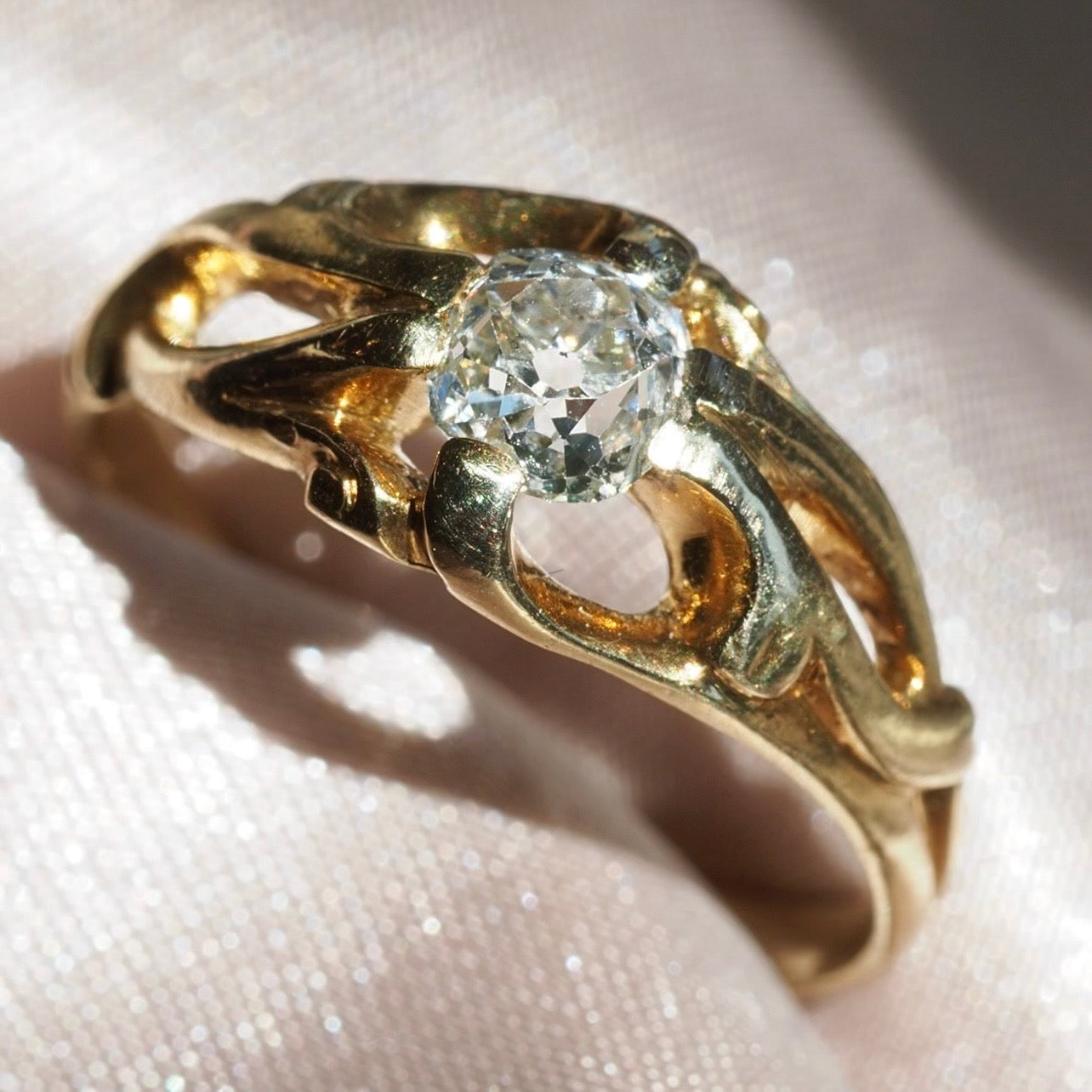 Antique French Art Nouveau Old Mine Cut Diamond 18k Gold Belcher Engagement Ring