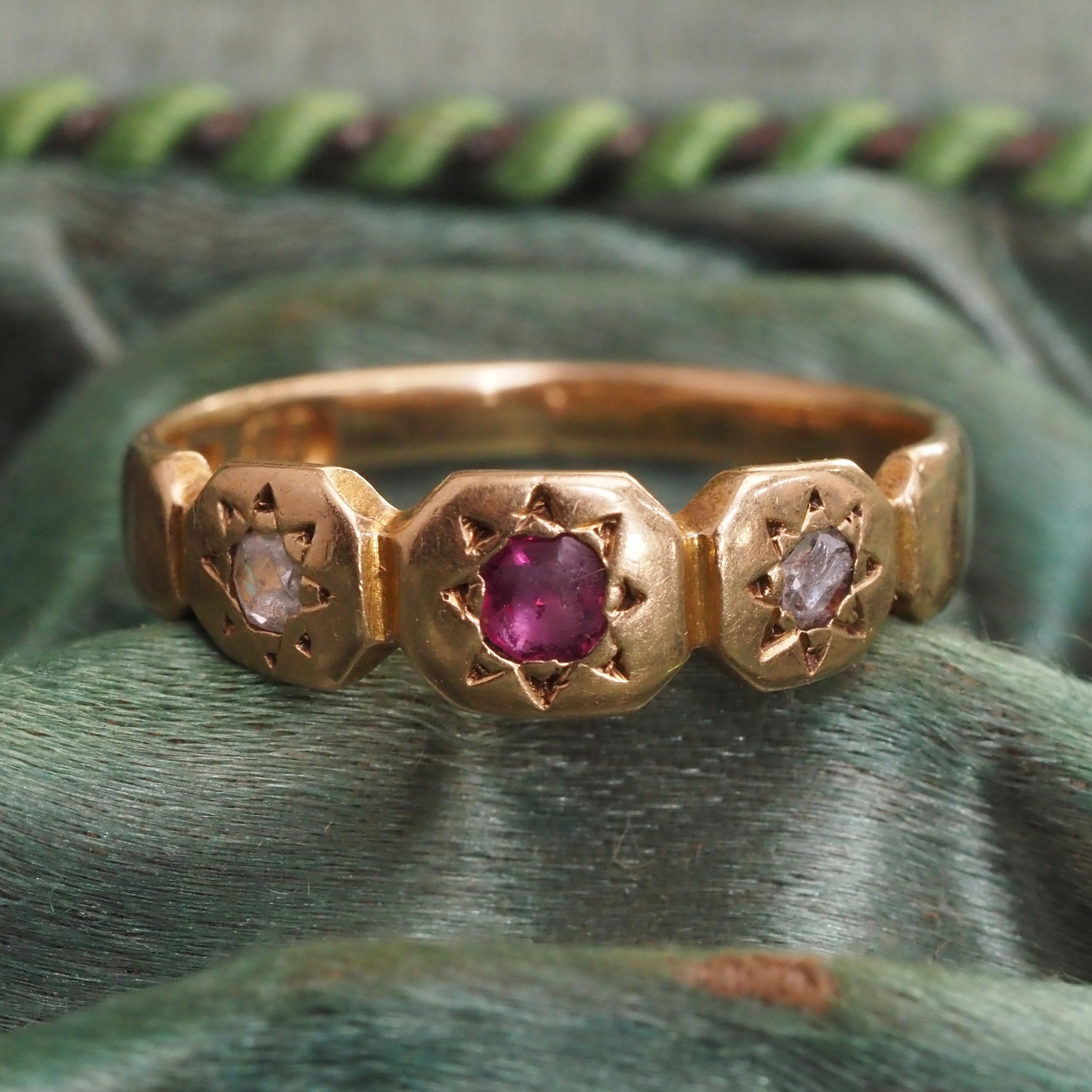 Antique English 18k Gold Ruby & Rose Cut Diamond Panel Ring