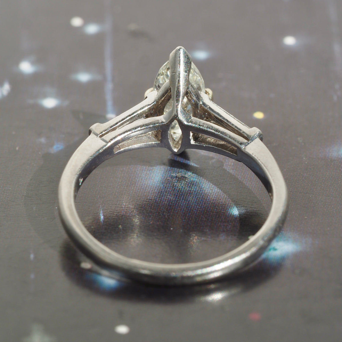 Vintage Marquise and Baguette Diamond Platinum Engagement Ring with 14k White Gold Wedding Band