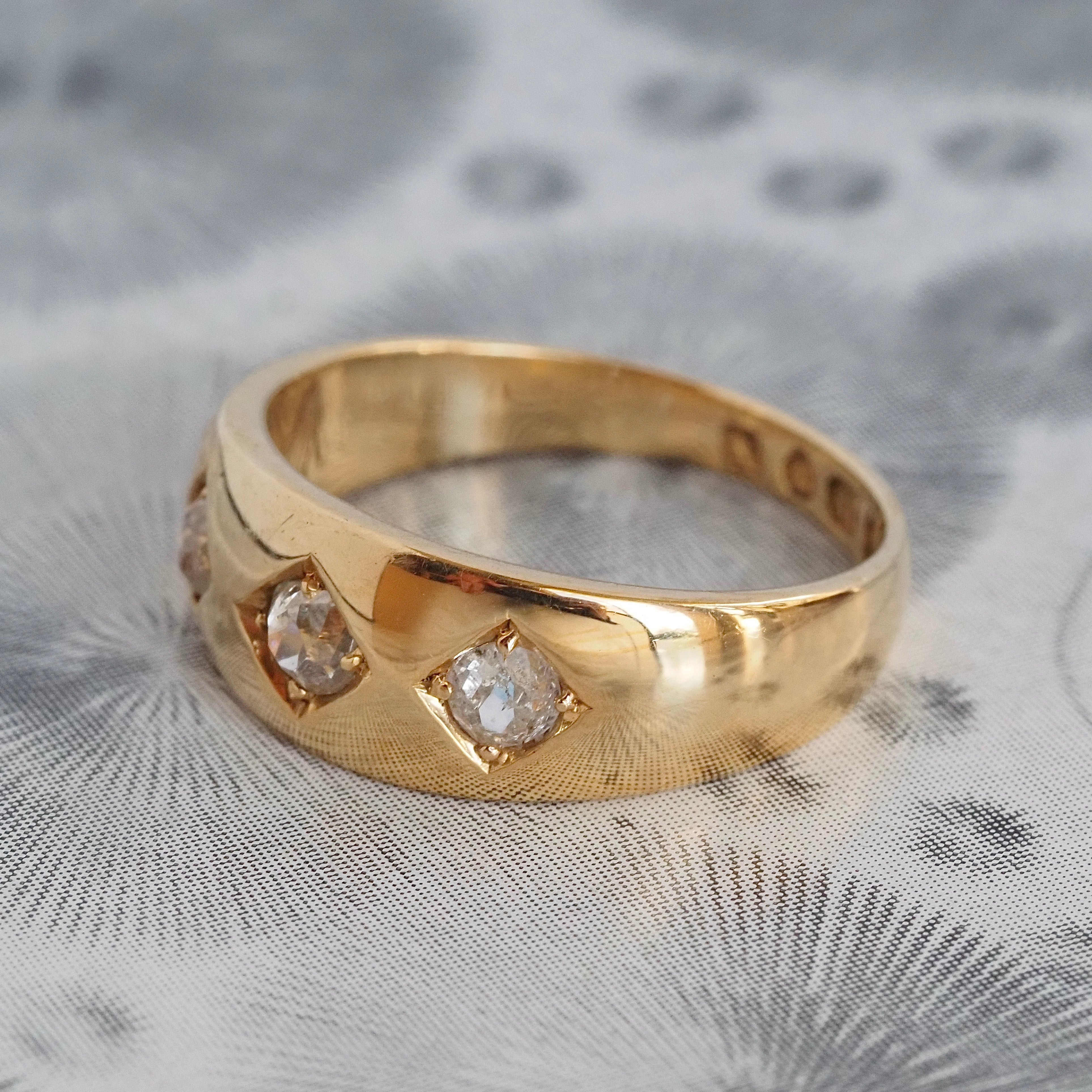 Antique c. 1888 English Flush Set Old Mine Cut Diamond Trilogy 18k Gold Ring