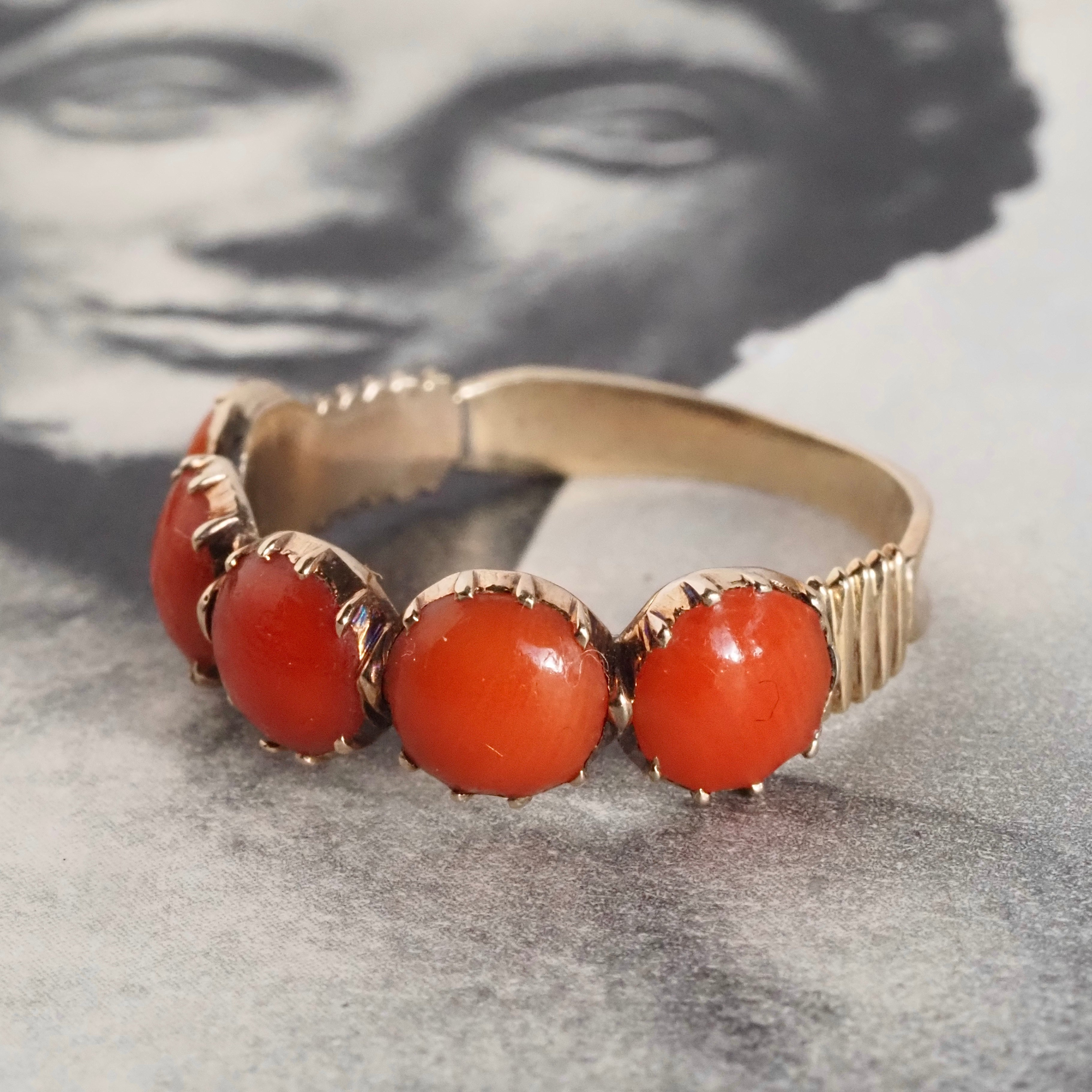 Antique Georgian Five Stone Coral 14k Gold Ring