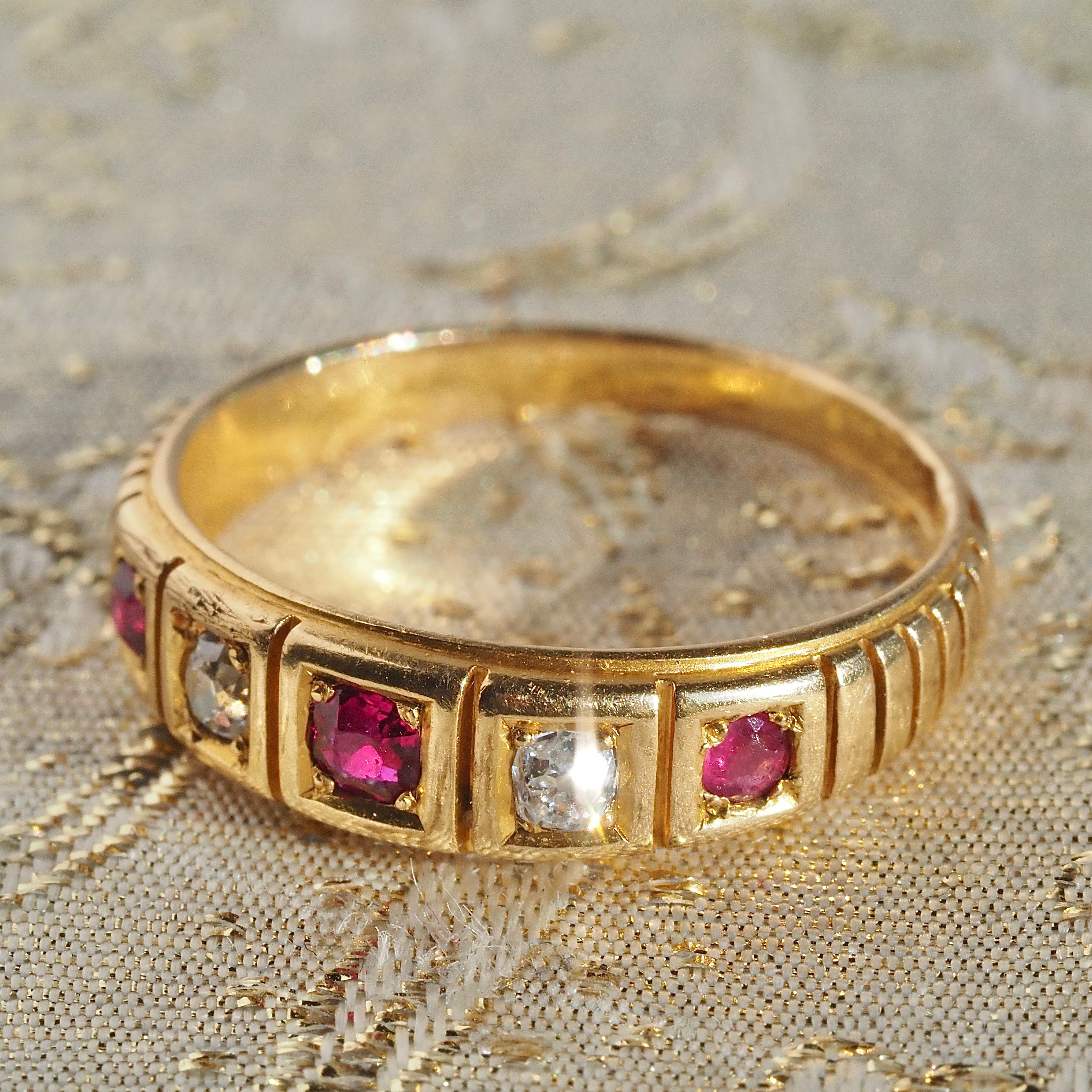 Antique Old Mine Cut Diamond and Ruby 18k Gold Five Stone Ring