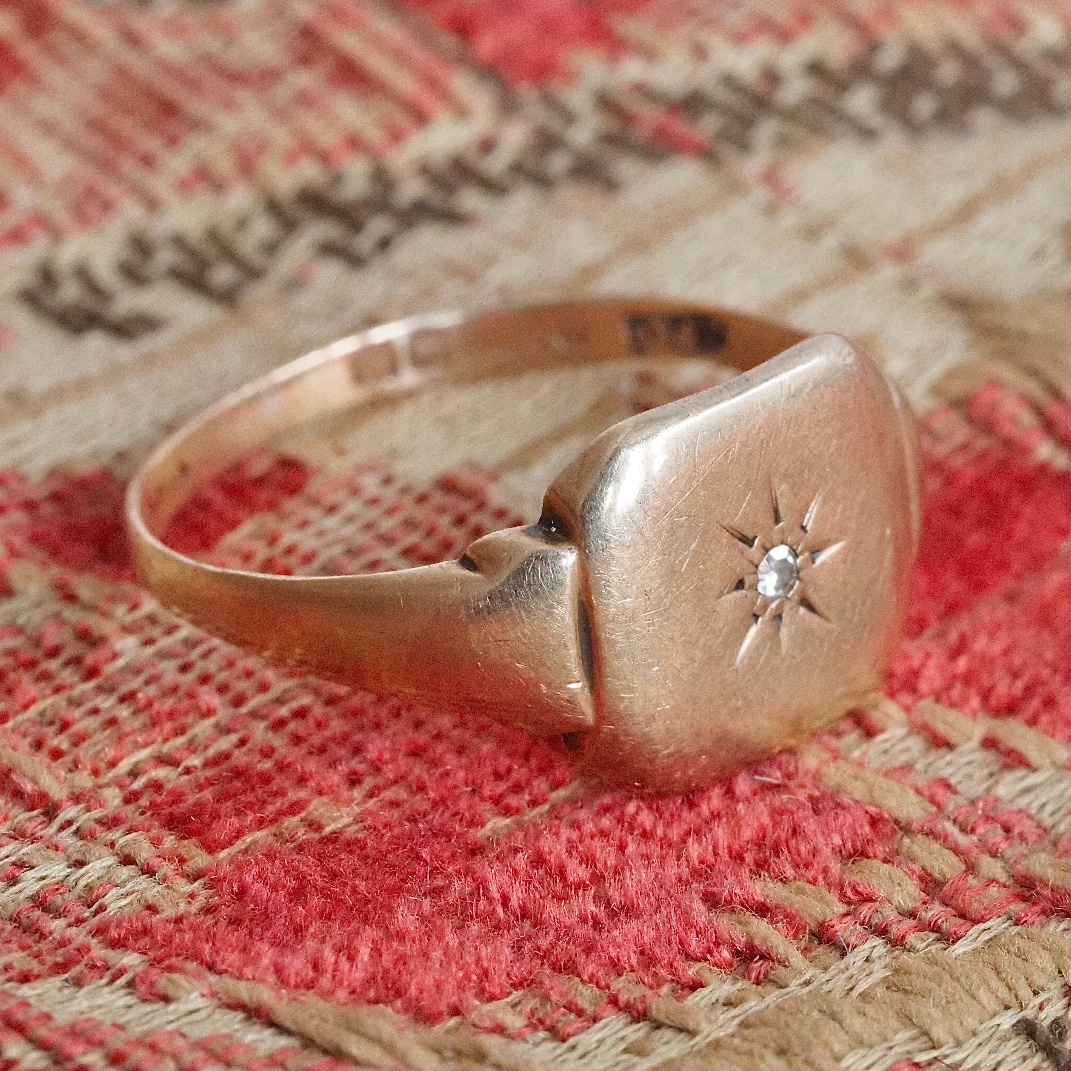 Vintage English Diamond Starburst 9k Gold Signet Ring