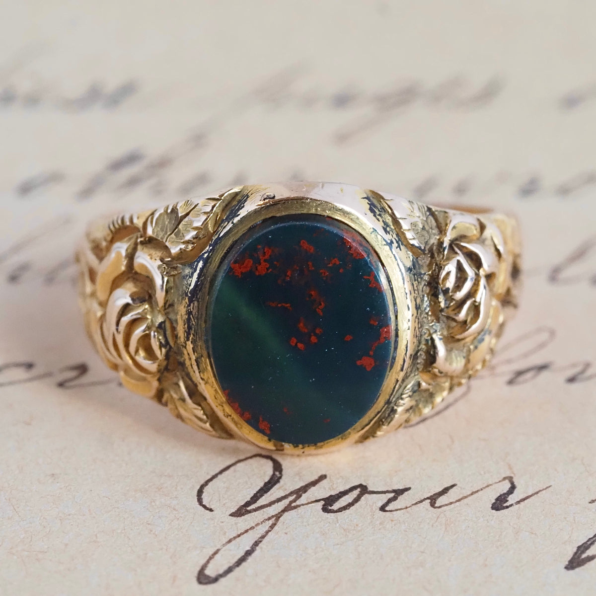 Antique Bloodstone and Roses 10k Gold Signet Ring