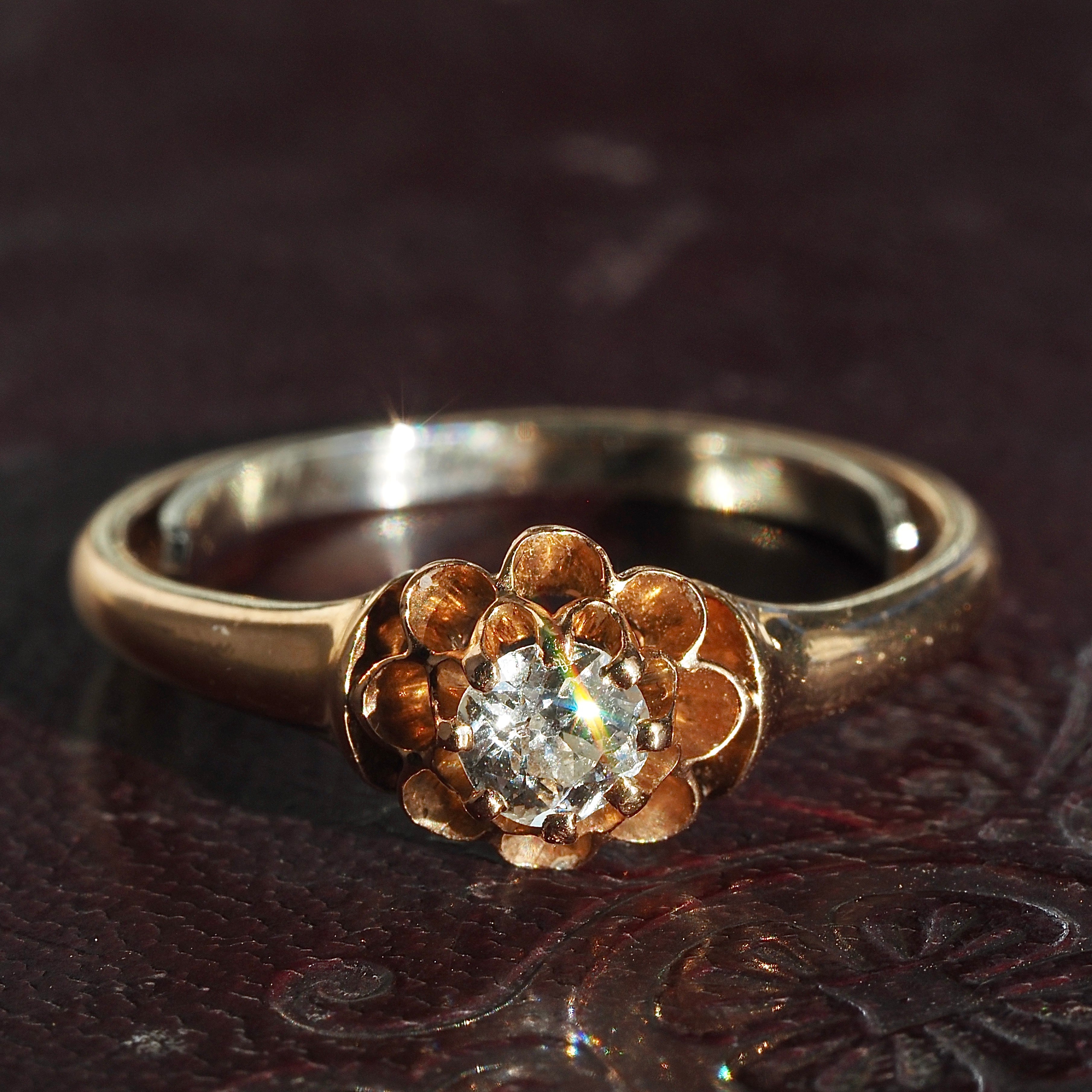 Antique Victorian Old Mine Cut Diamond 14k Gold Flower Belcher Set Engagement Ring