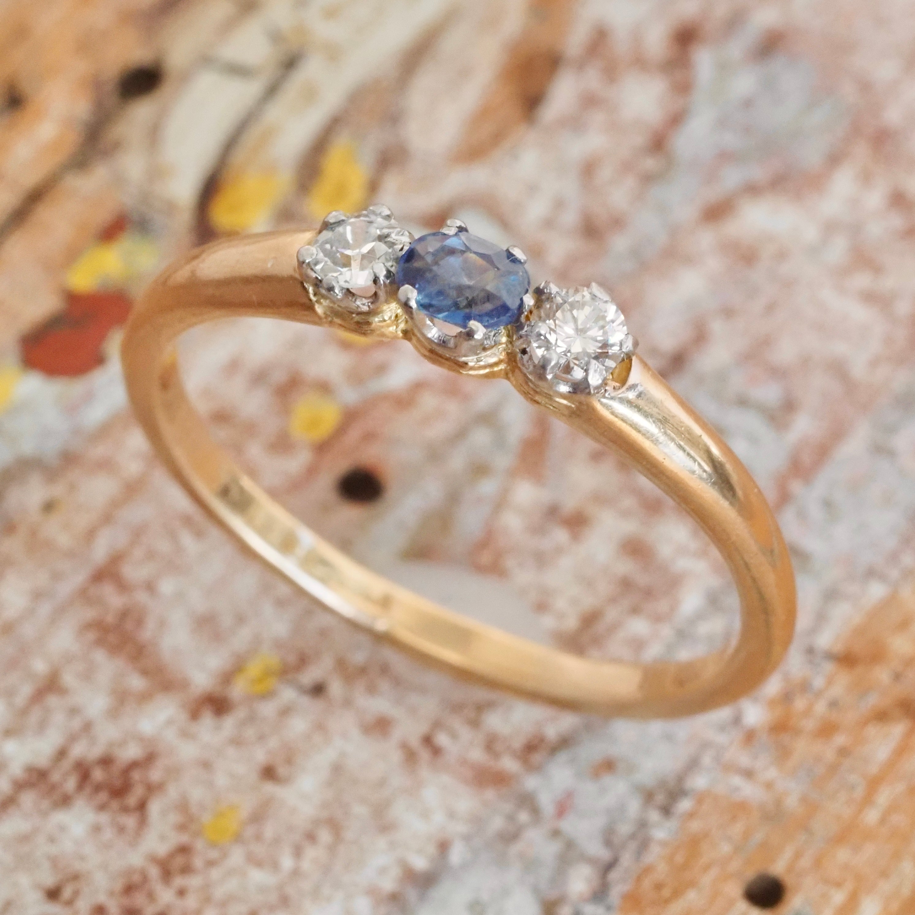 Antique English 18k Gold Natural Sapphire and Diamond Trilogy Ring