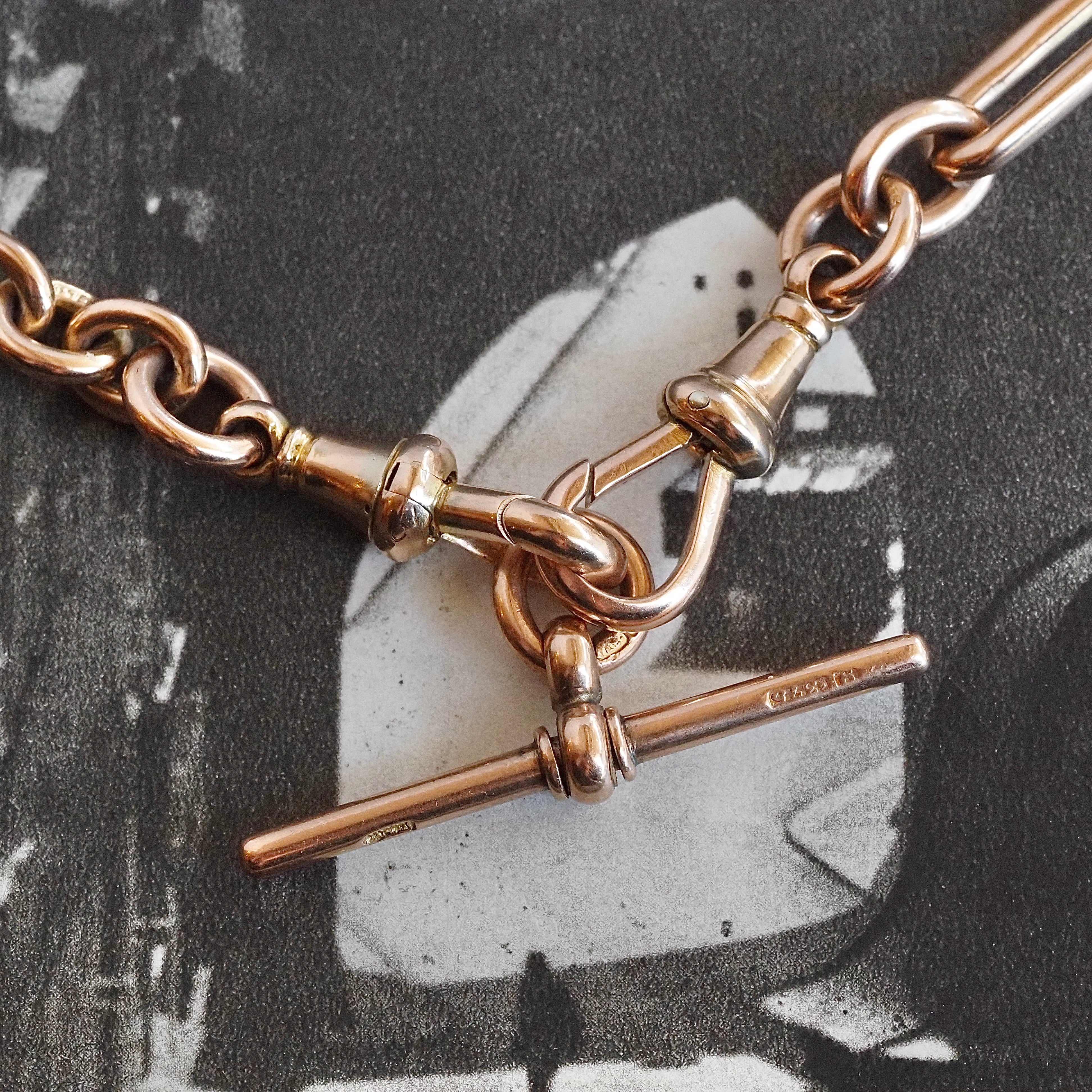 Antique c. 1901 English 9k Gold Trombone Link Albert Watch Chain Necklace with T-Bar and Dog Clips
