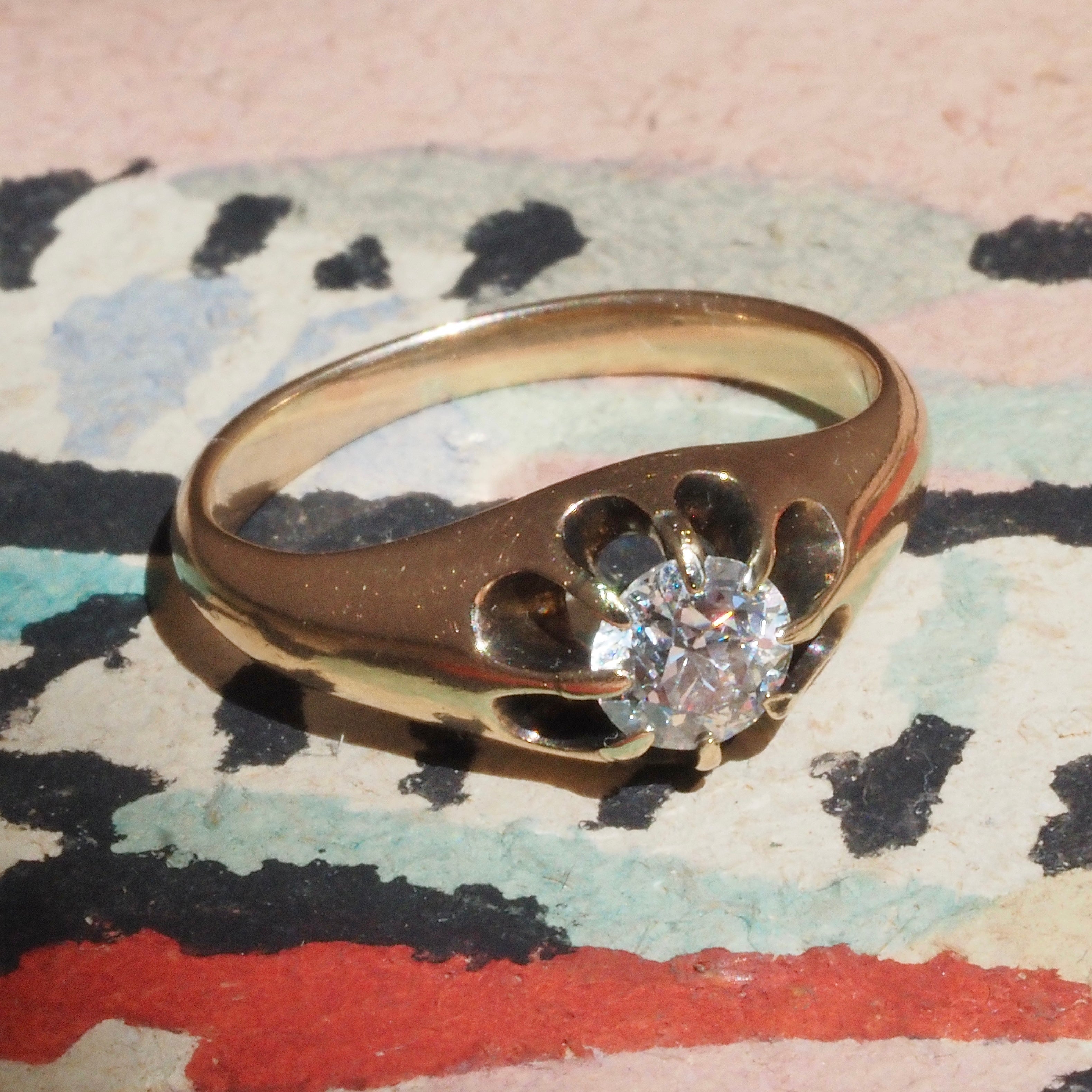 Antique Old European Cut Diamond Belcher Set 14k Gold Engagement Ring