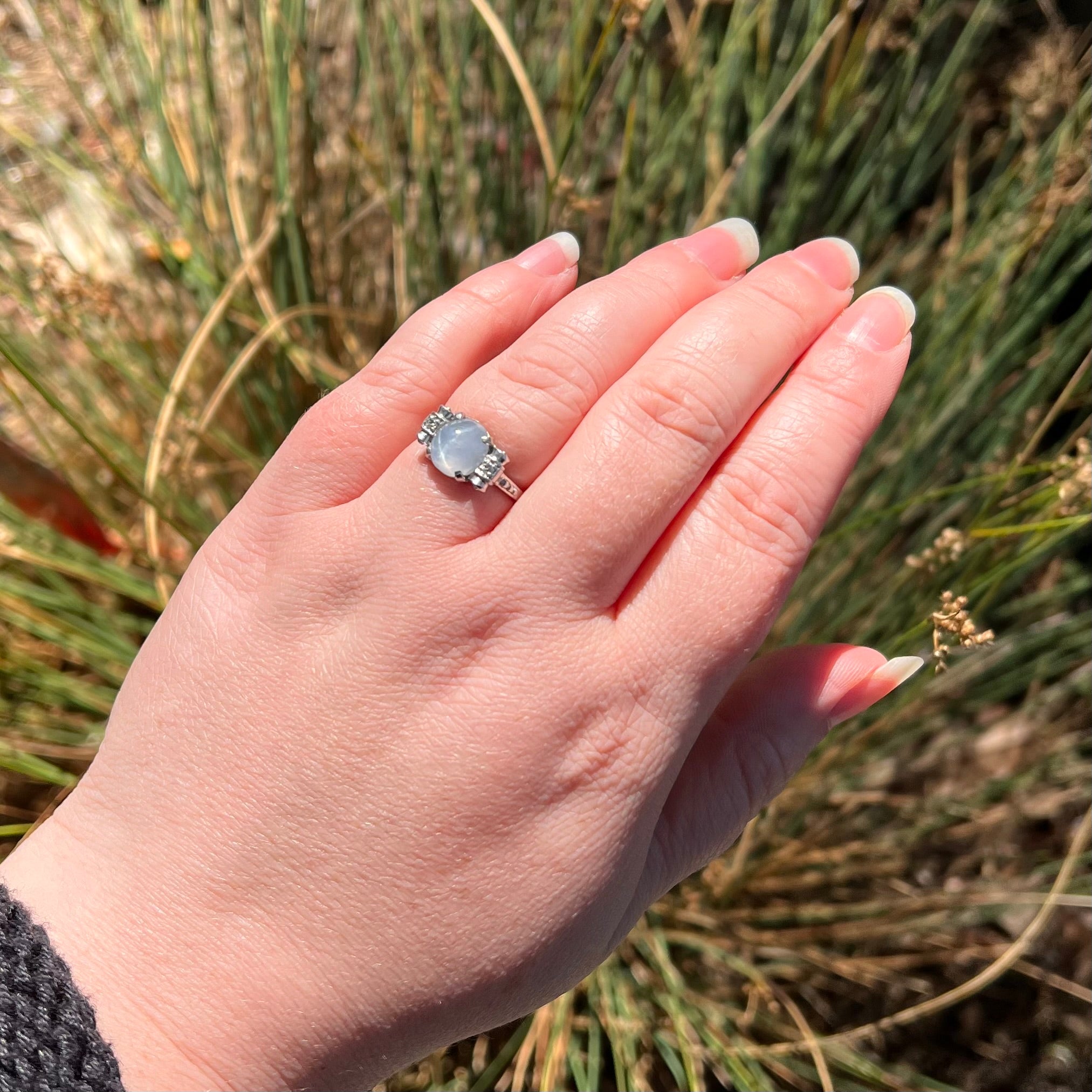 Vintage Mid-Century Platinum Natural Grey Blue Star Sapphire Ring