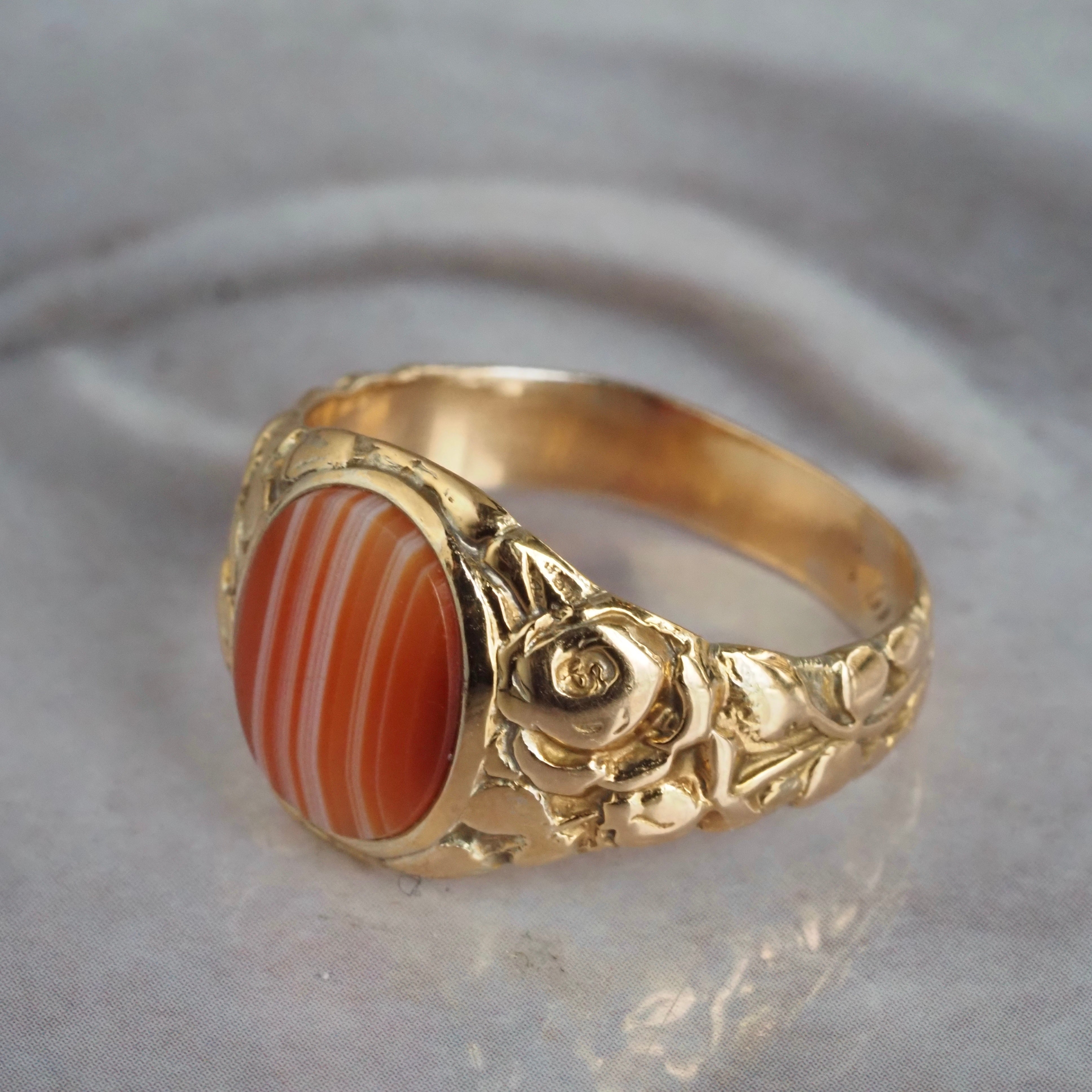 Antique Art Nouveau Banded Agate 14k Gold Roses Signet Ring