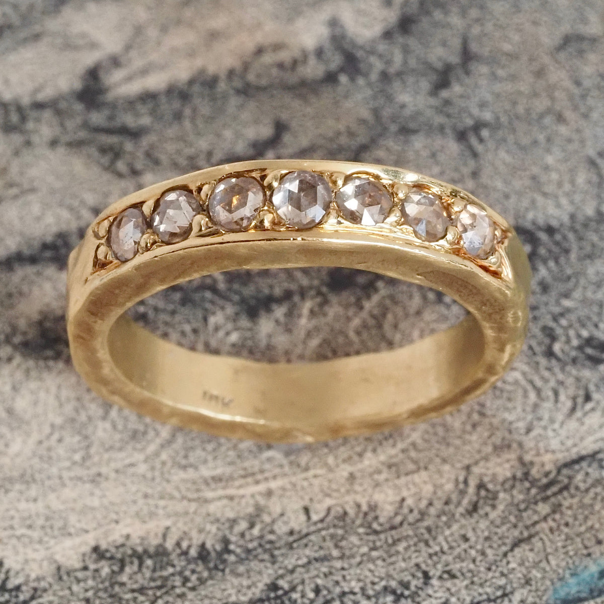 Rose Cut Diamond 18k Gold Hammered Half Eternity Band