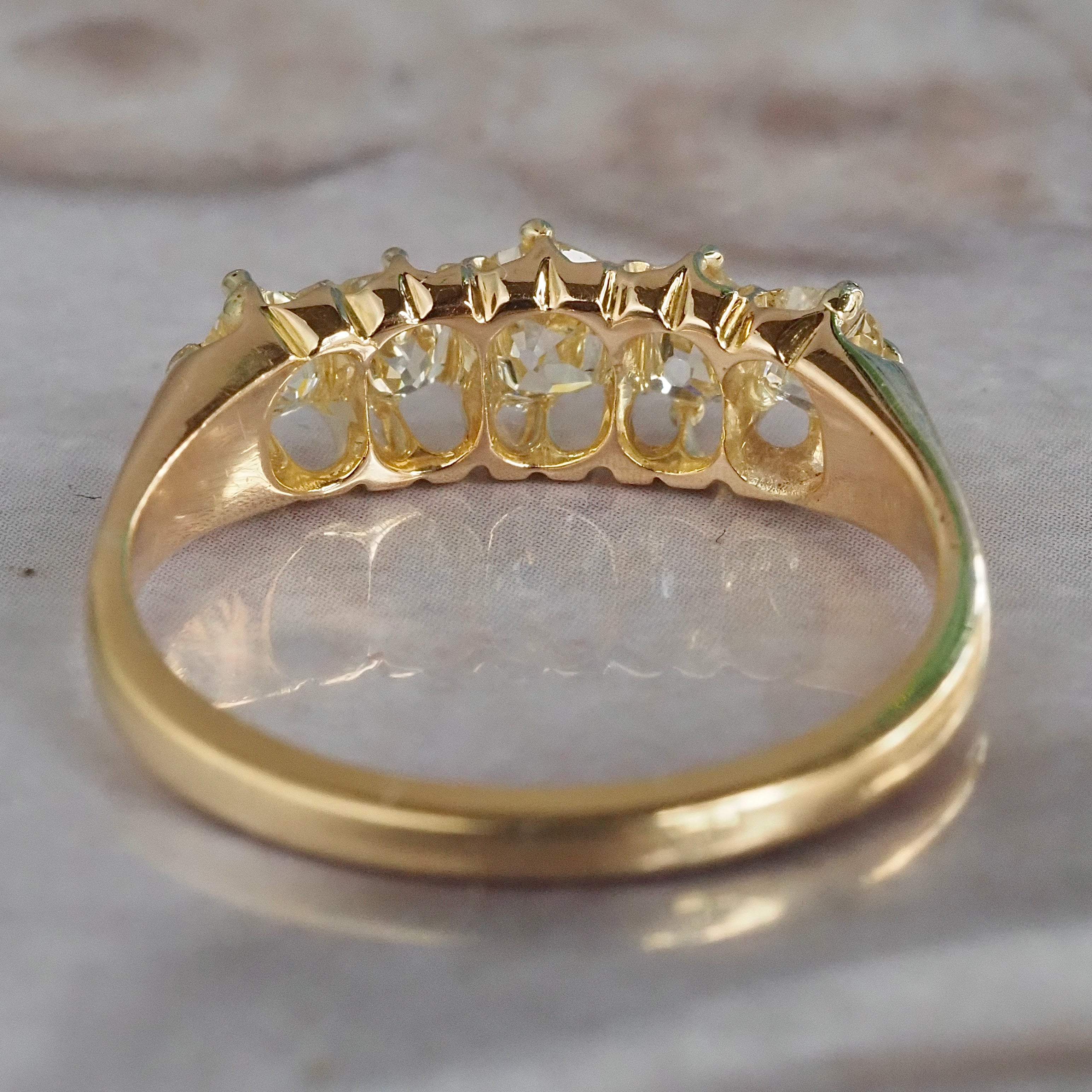 Antique English Five Stone Old Mine Cut Diamond 18k Gold Ring