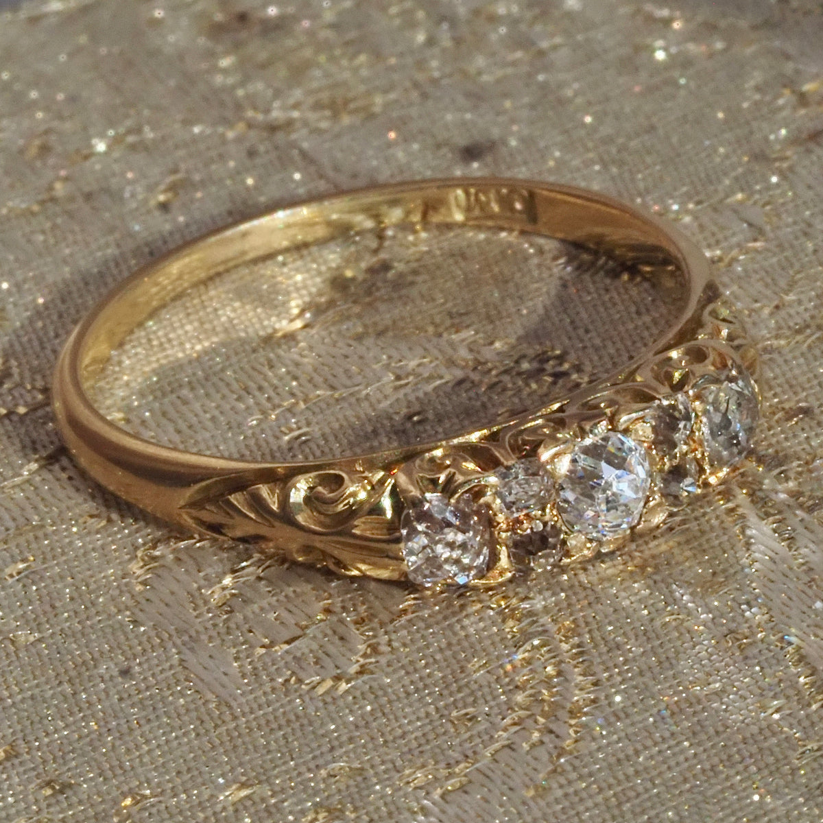 Antique Art Nouveau Old Mine Cut and Single Cut Diamond 18k Gold Half Hoop Ring