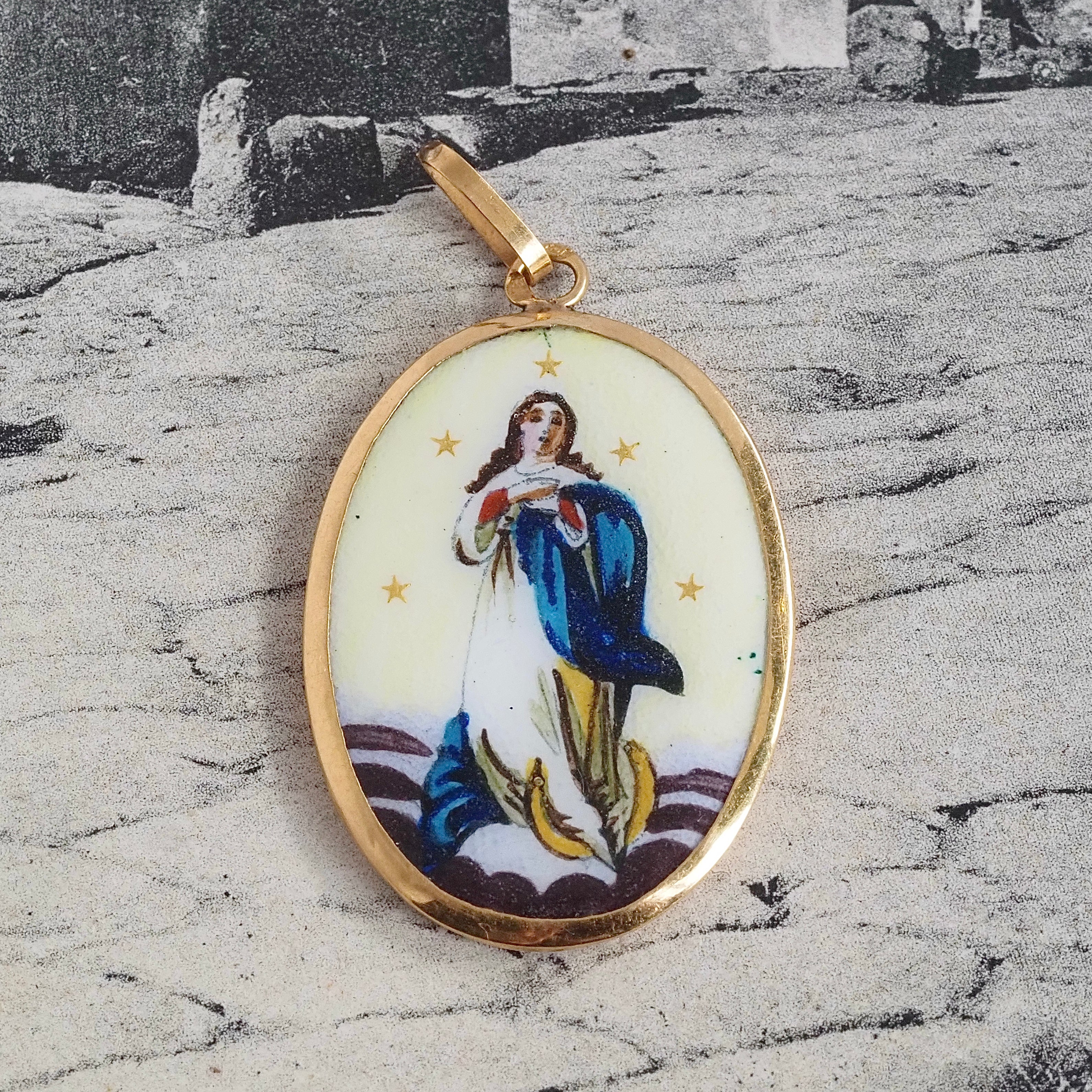Antique Portuguese 19k Gold and Porcelain Mary Pendant