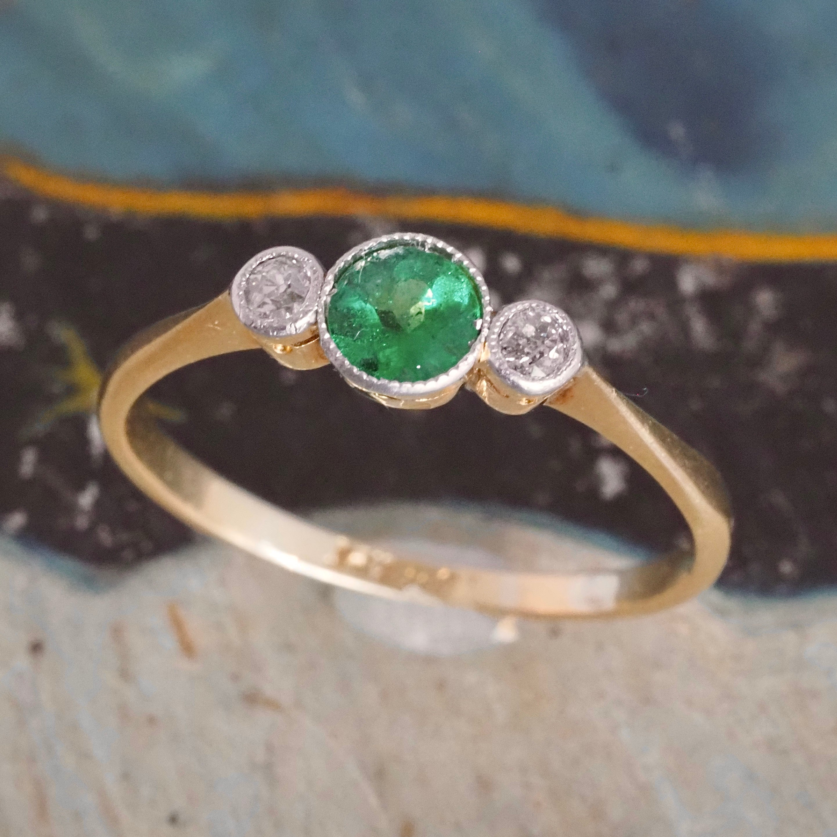 Antique Edwardian Emerald and Old Mine Cut Diamond Trilogy Platinum and 18k Gold Ring