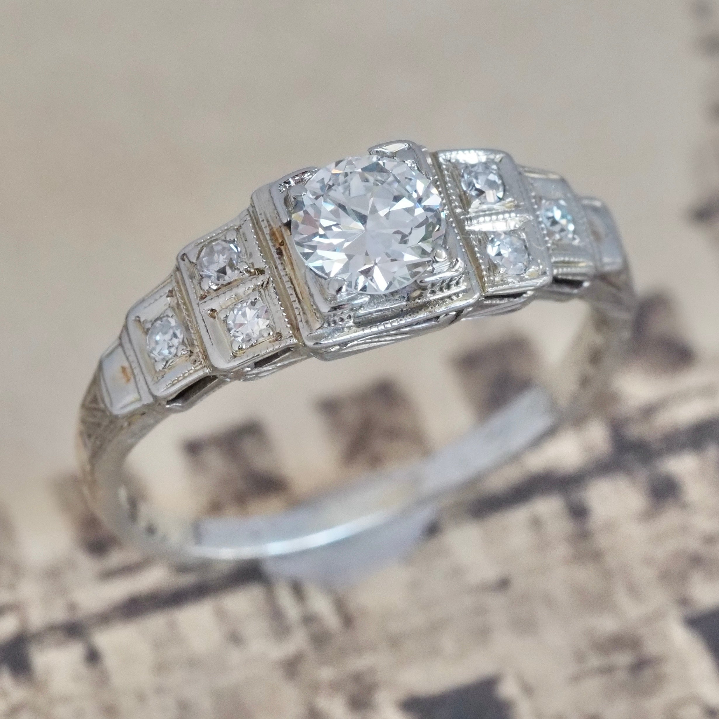 Antique Art Deco 14k White Gold Transitional Cut Diamond Step Ring