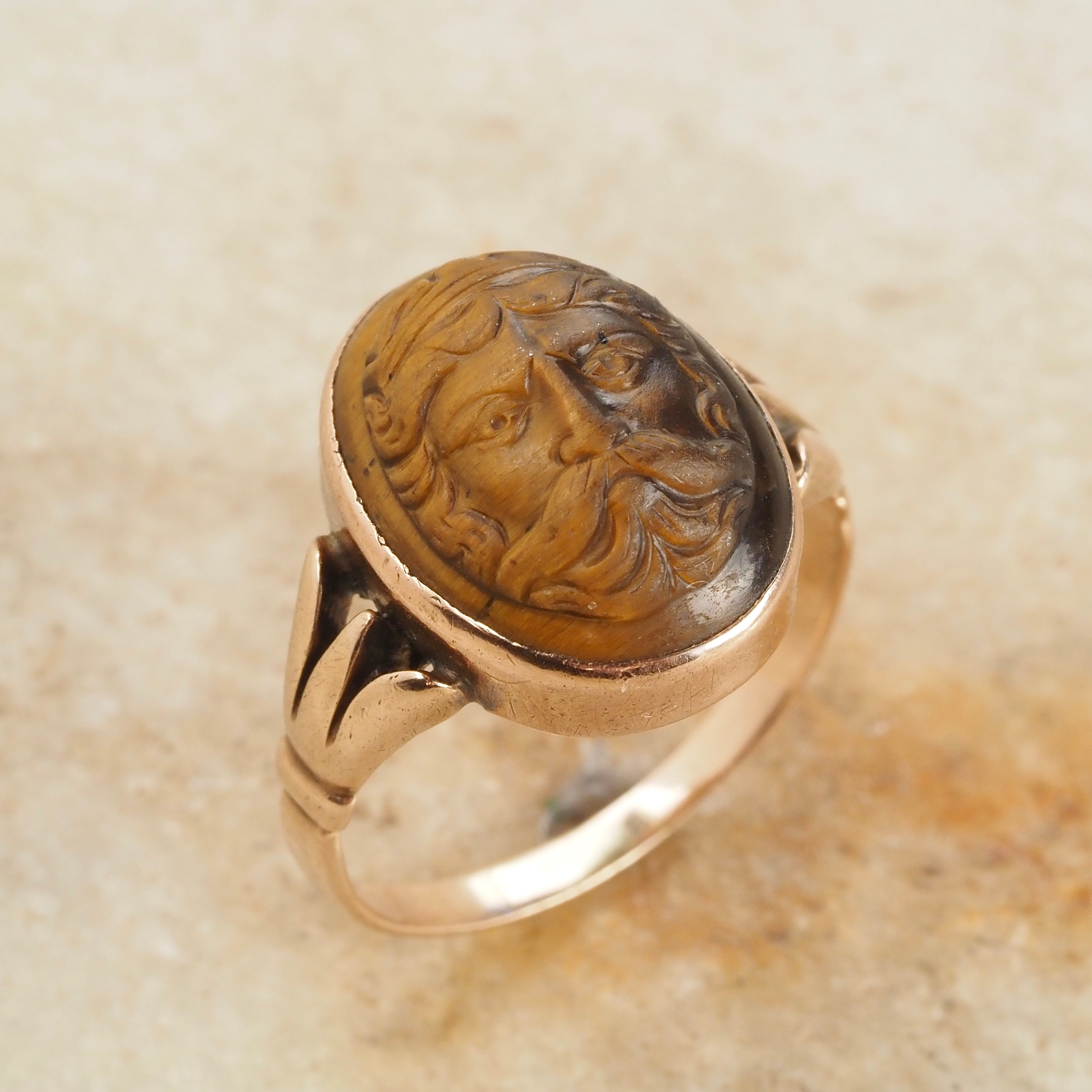 Antique Victorian Carved Zeus Tiger's Eye 10k Gold Ring