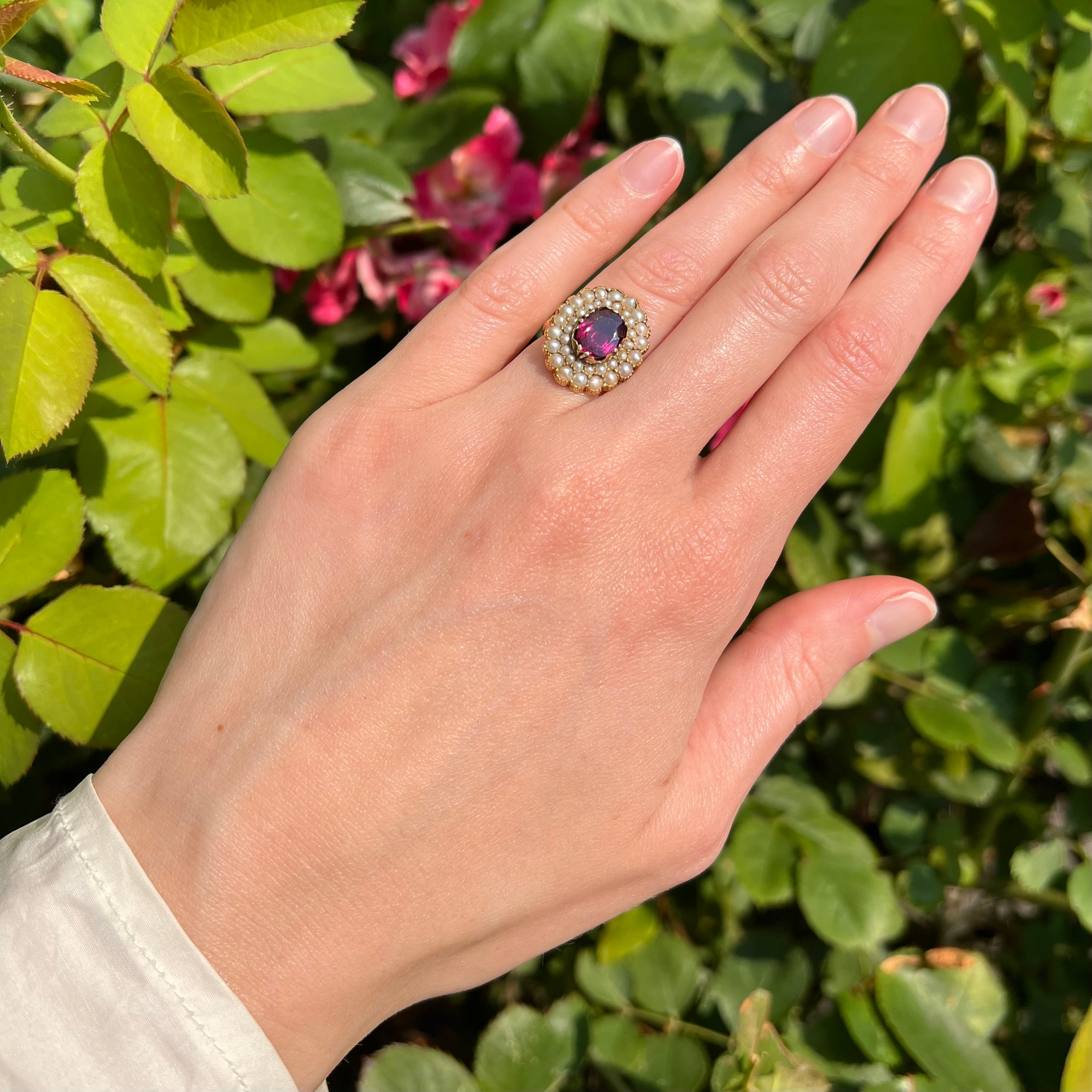 Antique English Late Georgian 14k Gold Rhodolite Garnet and Seed Pearl Double Halo Ring