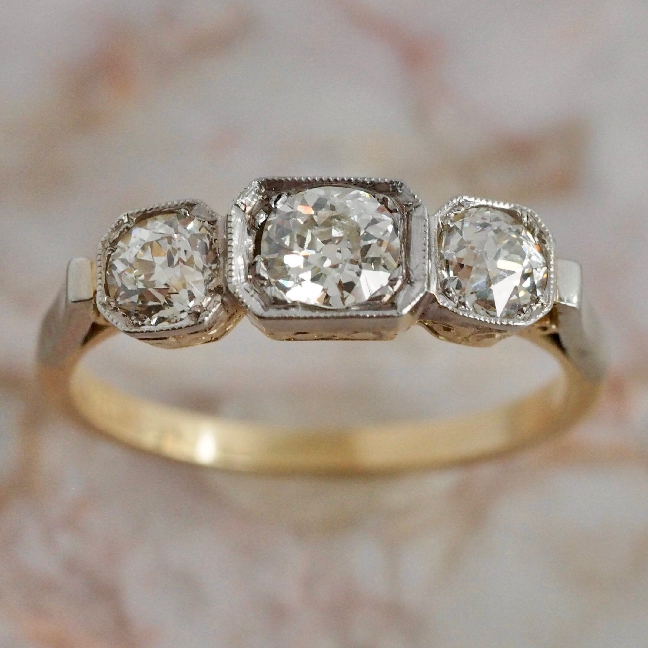 Early Art Deco 14k Gold Old European Cut Diamond Trilogy Engagement Ring