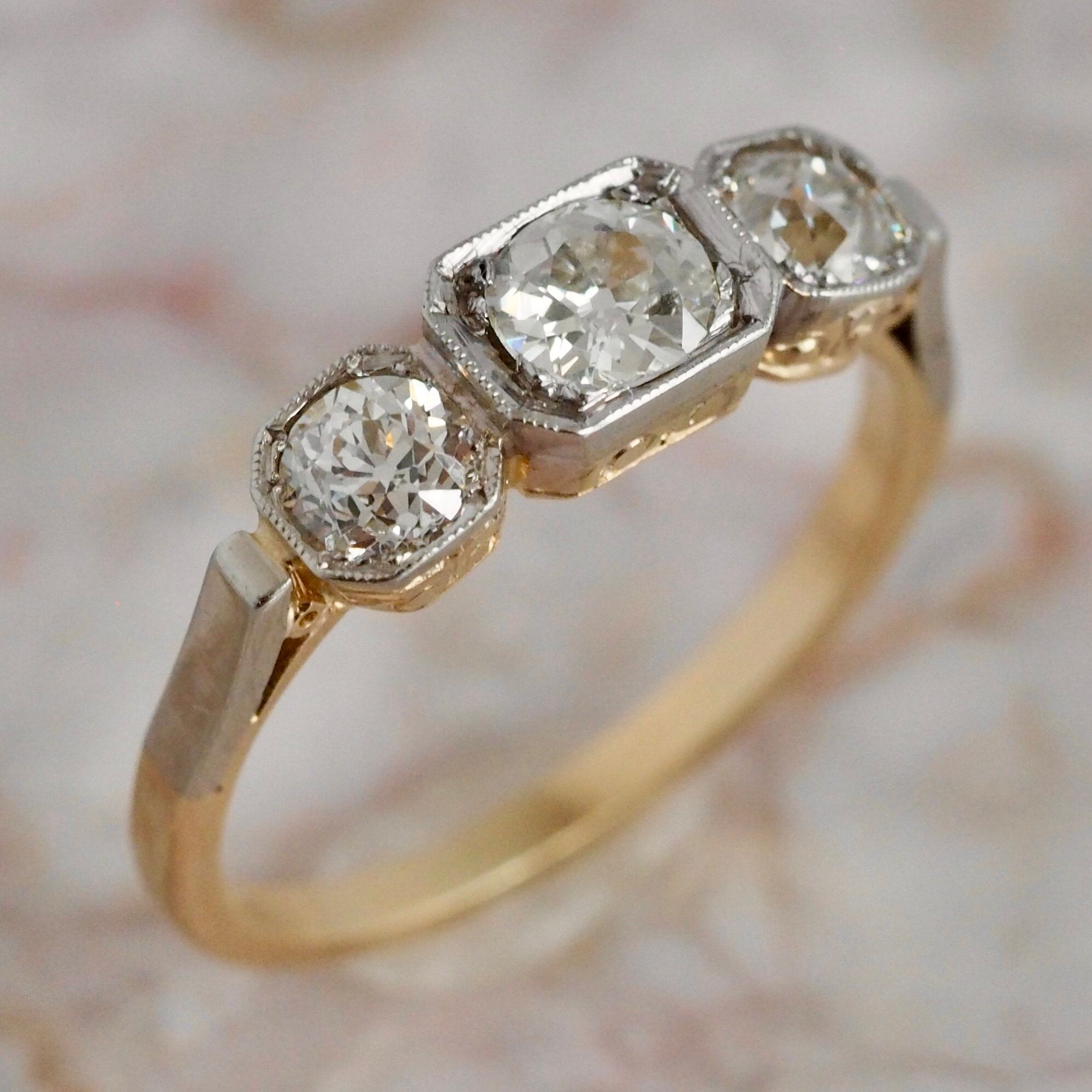 Early Art Deco 14k Gold Old European Cut Diamond Trilogy Engagement Ring