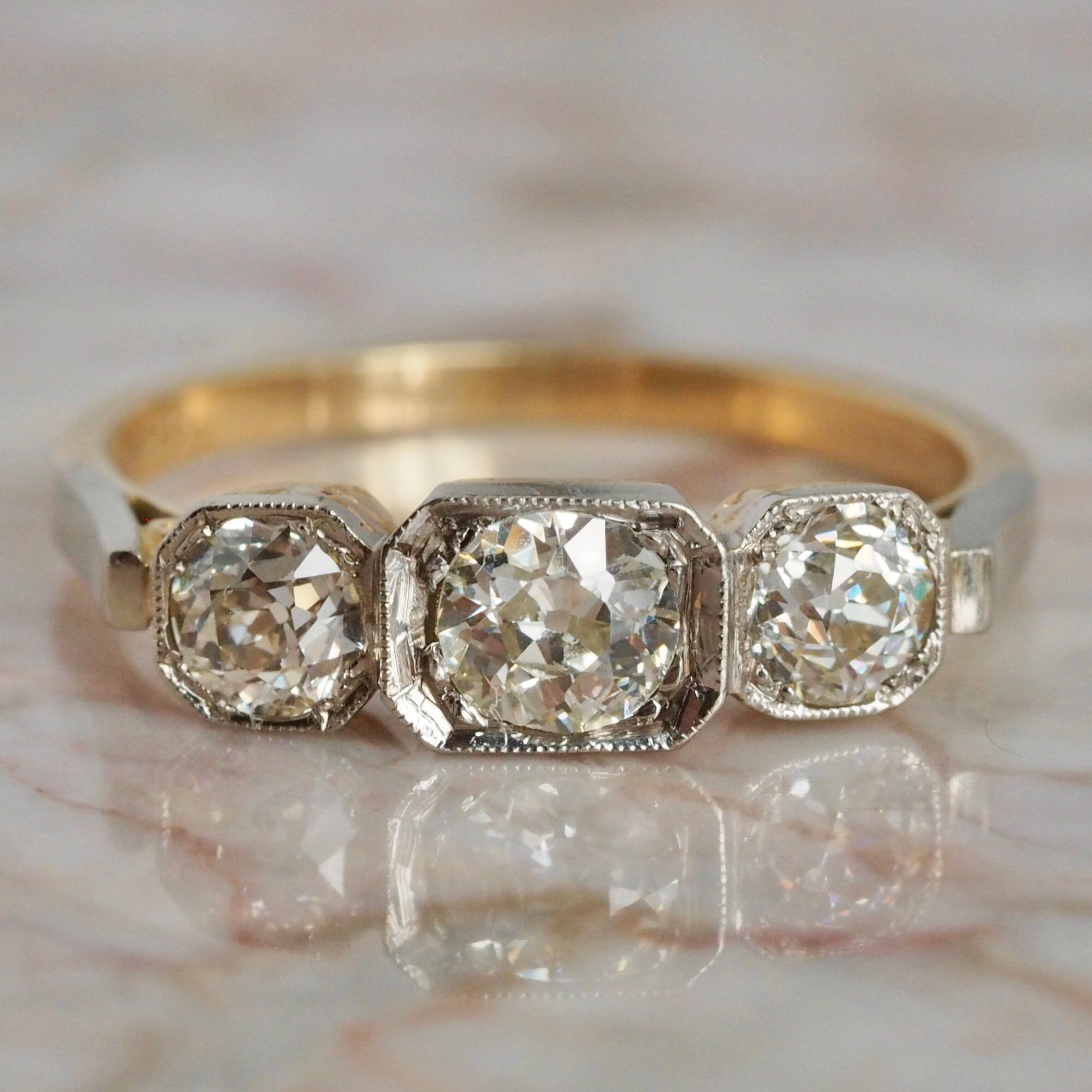 Early Art Deco 14k Gold Old European Cut Diamond Trilogy Engagement Ring