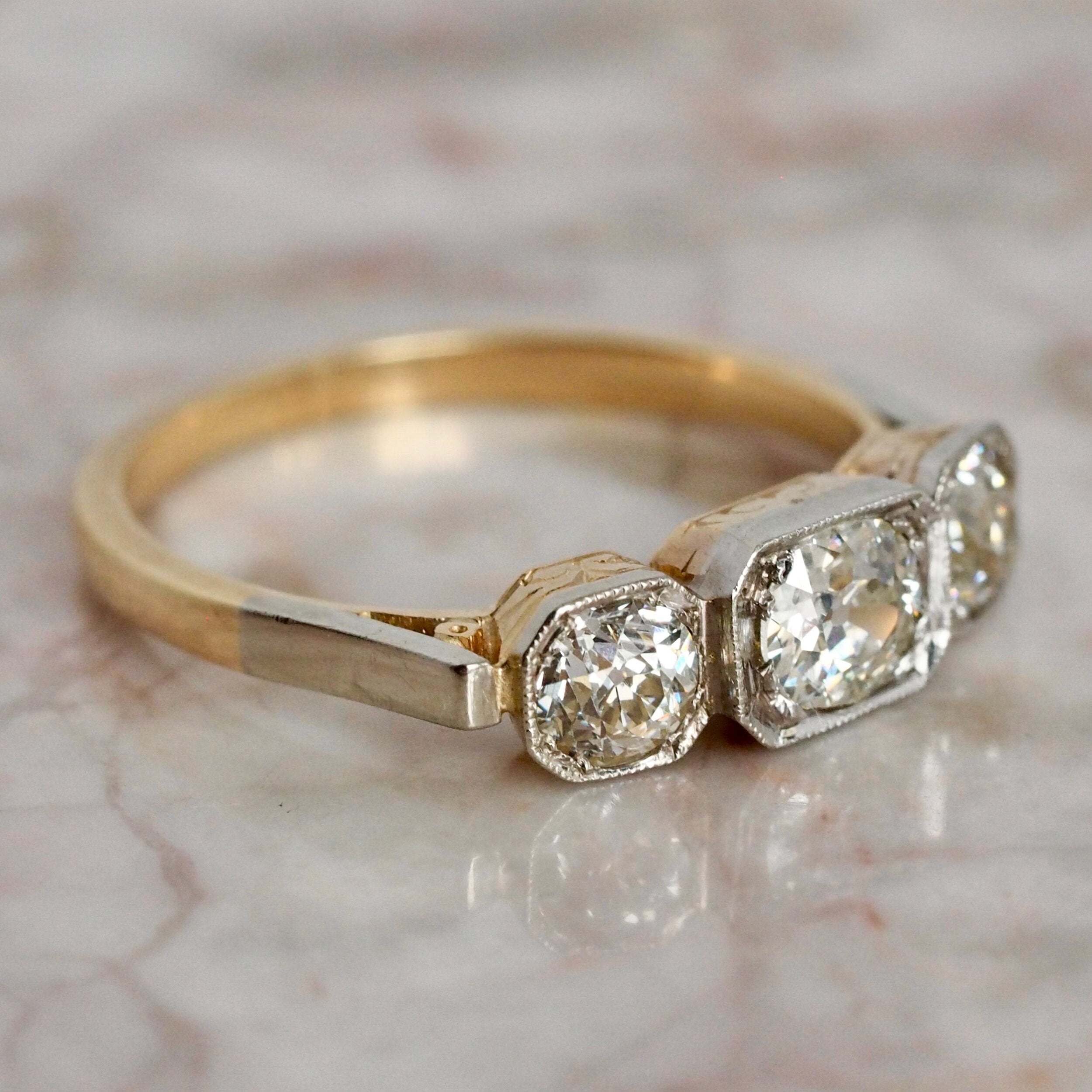 Early Art Deco 14k Gold Old European Cut Diamond Trilogy Engagement Ring