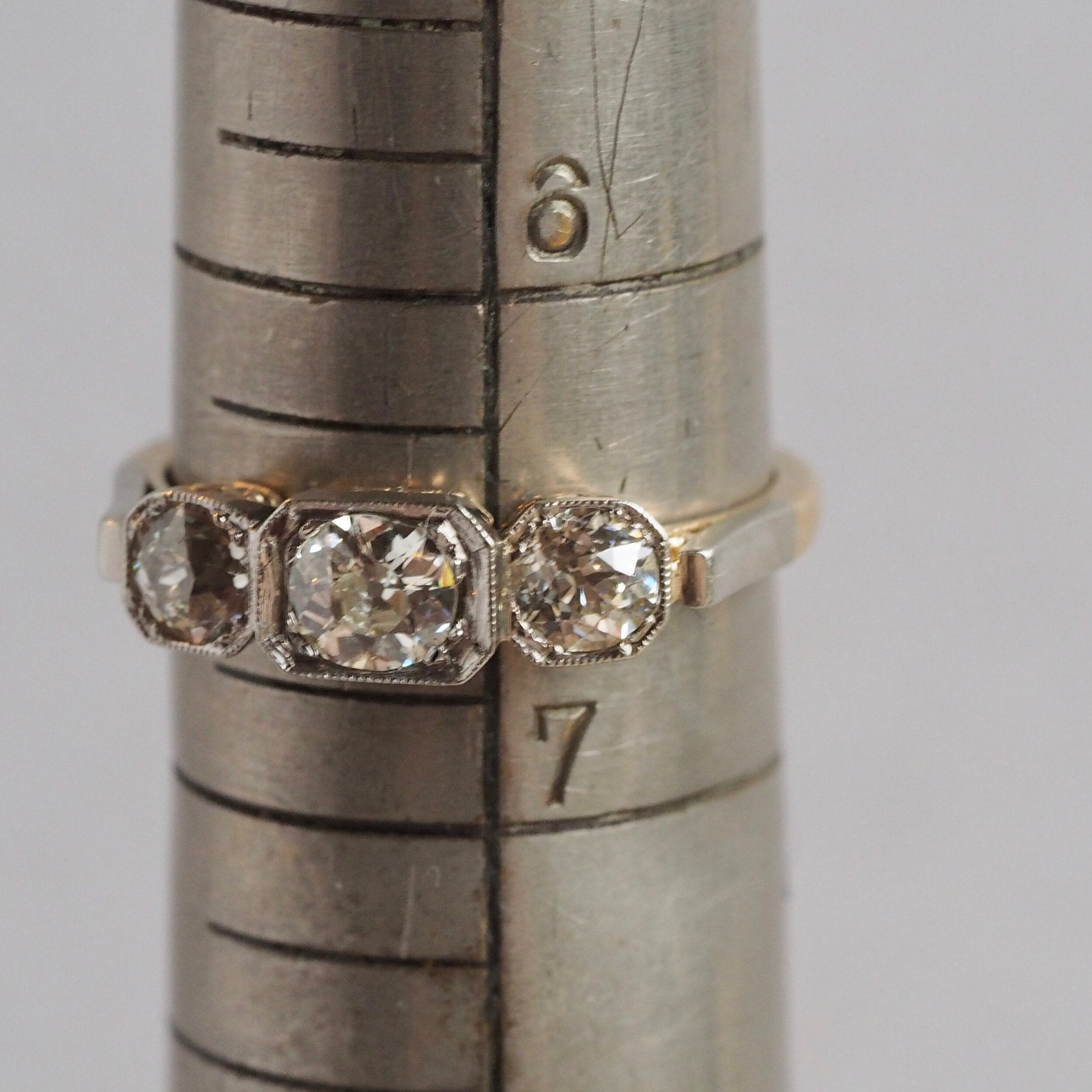 Early Art Deco 14k Gold Old European Cut Diamond Trilogy Engagement Ring