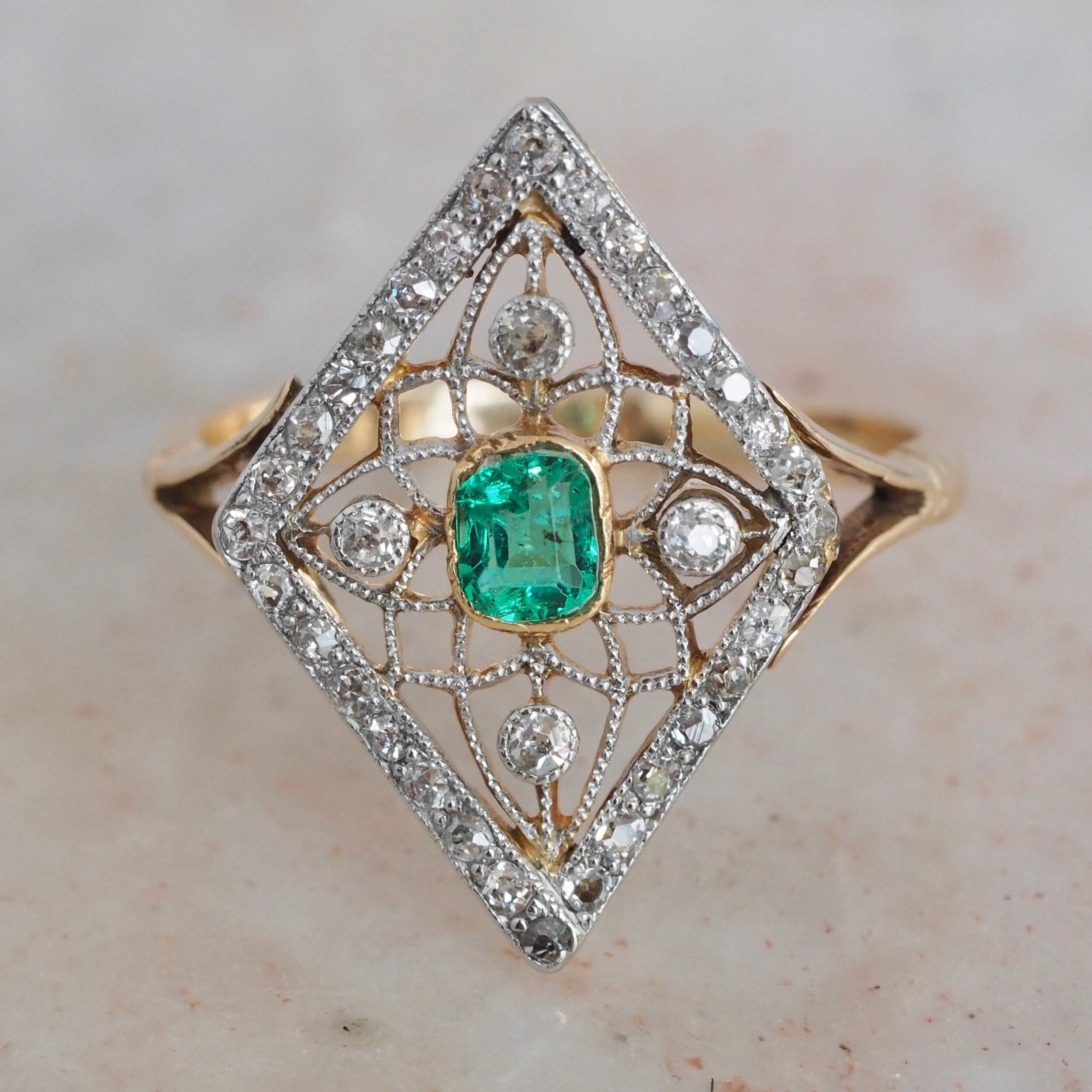 Edwardian 14k Gold Platinum Emerald and Diamond Kite Ring