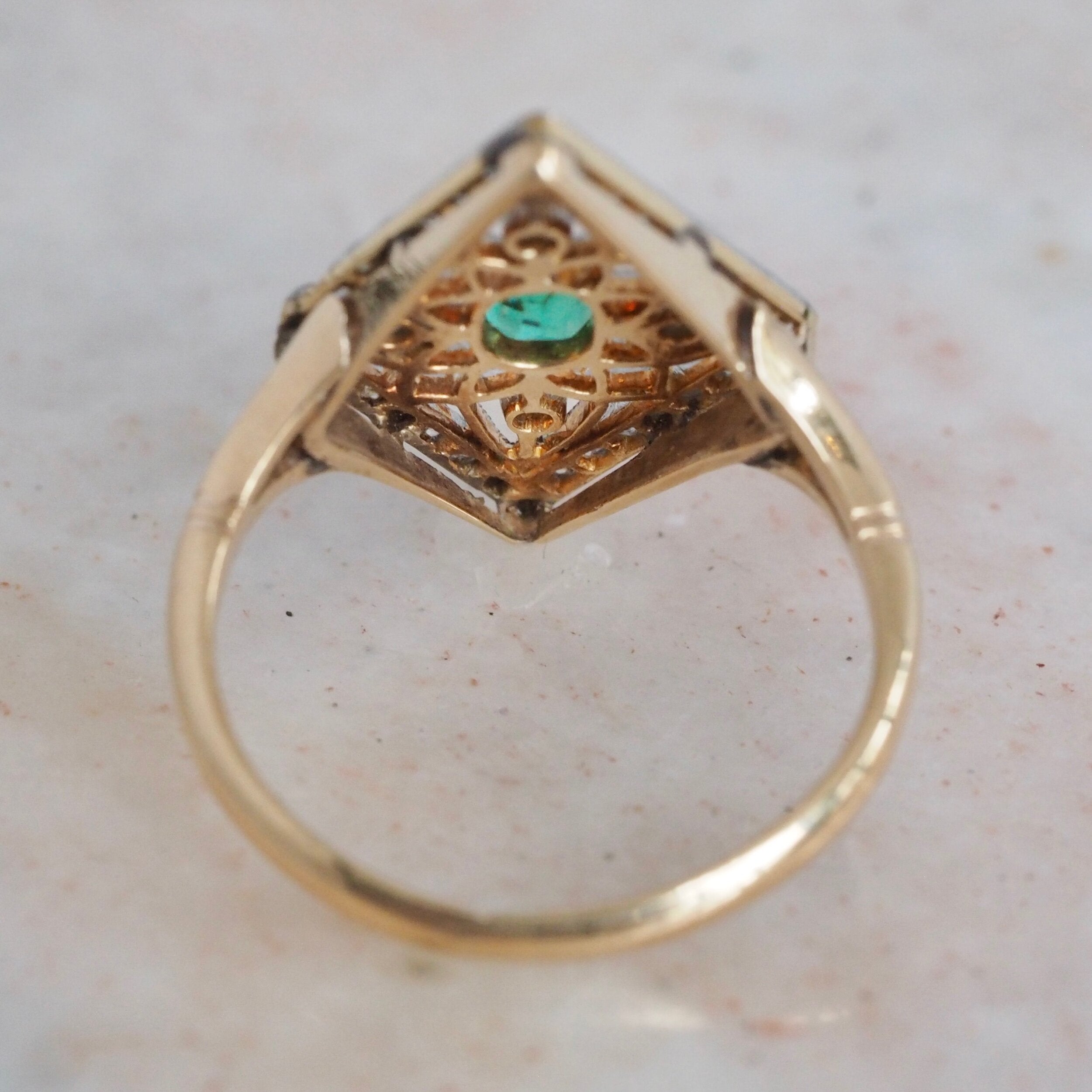 Edwardian 14k Gold Platinum Emerald and Diamond Kite Ring