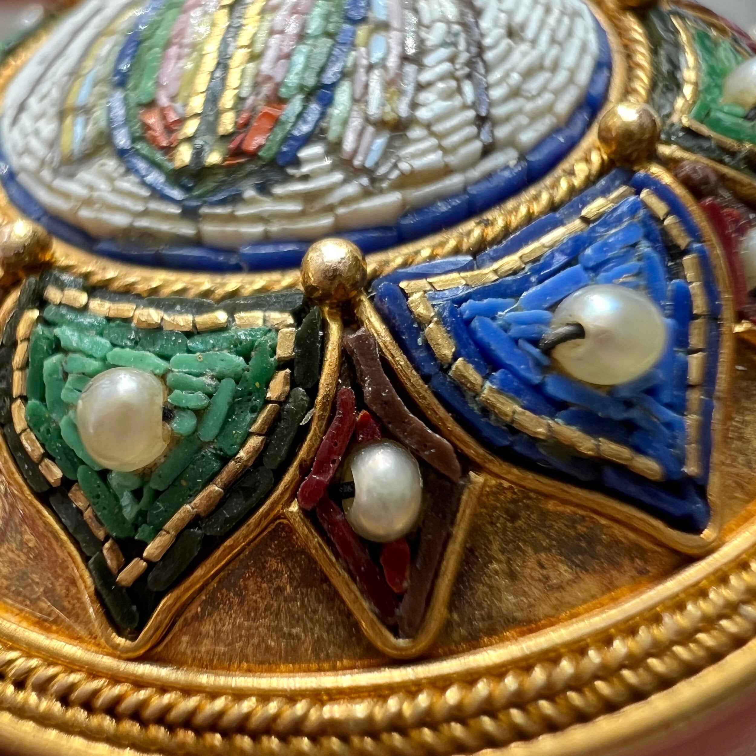 Egyptian Revival Victorian Micro Mosaic Scarab Brooch, Grand Tour 18k with Vatican Hallmark