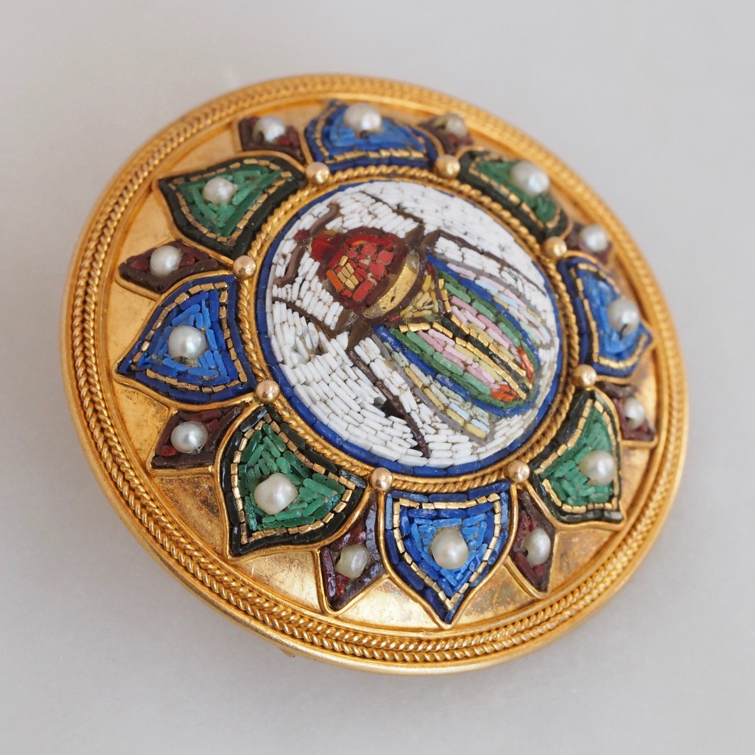 Egyptian Revival Victorian Micro Mosaic Scarab Brooch, Grand Tour 18k with Vatican Hallmark