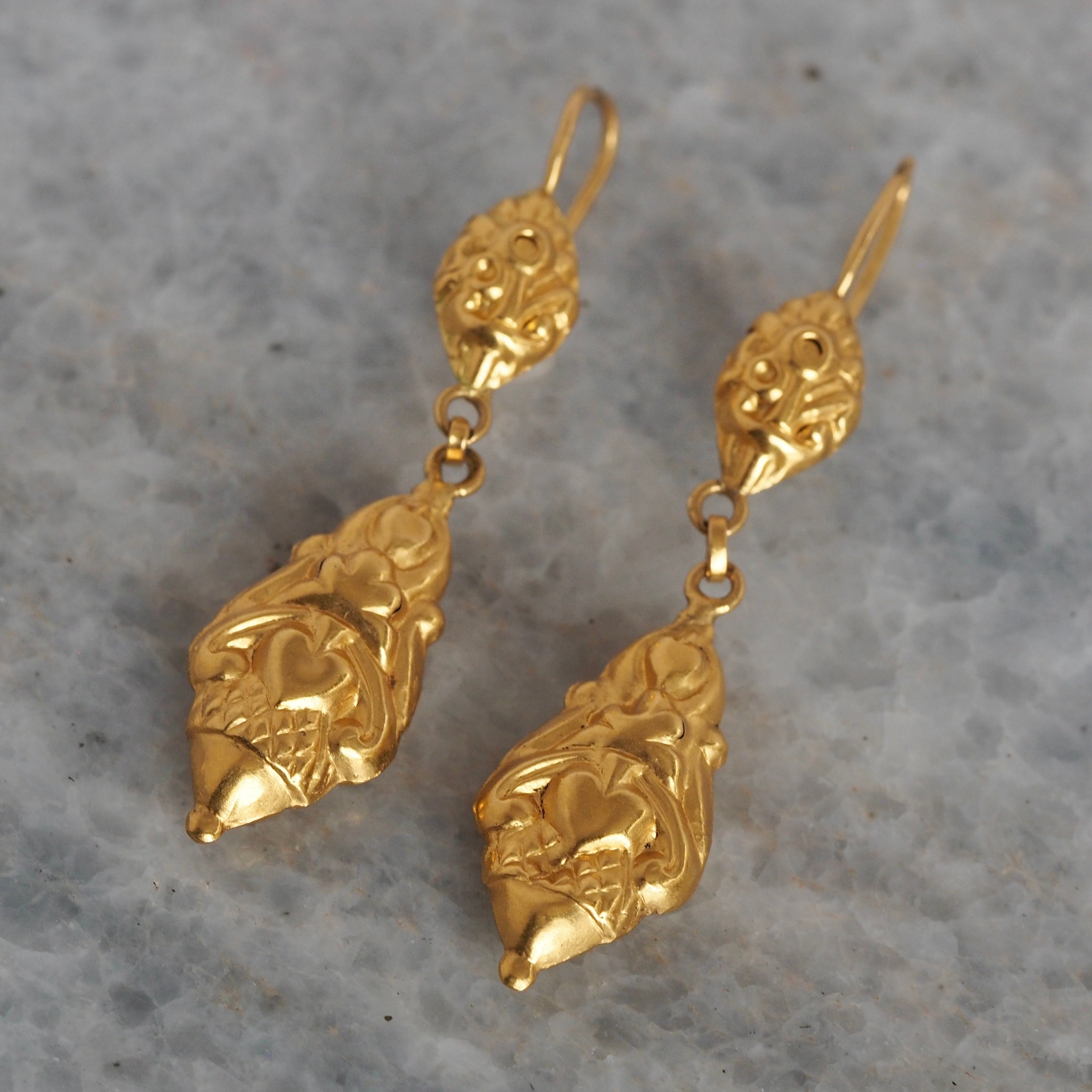 Antique Portuguese 19k Gold Repoussé Drop Earrings