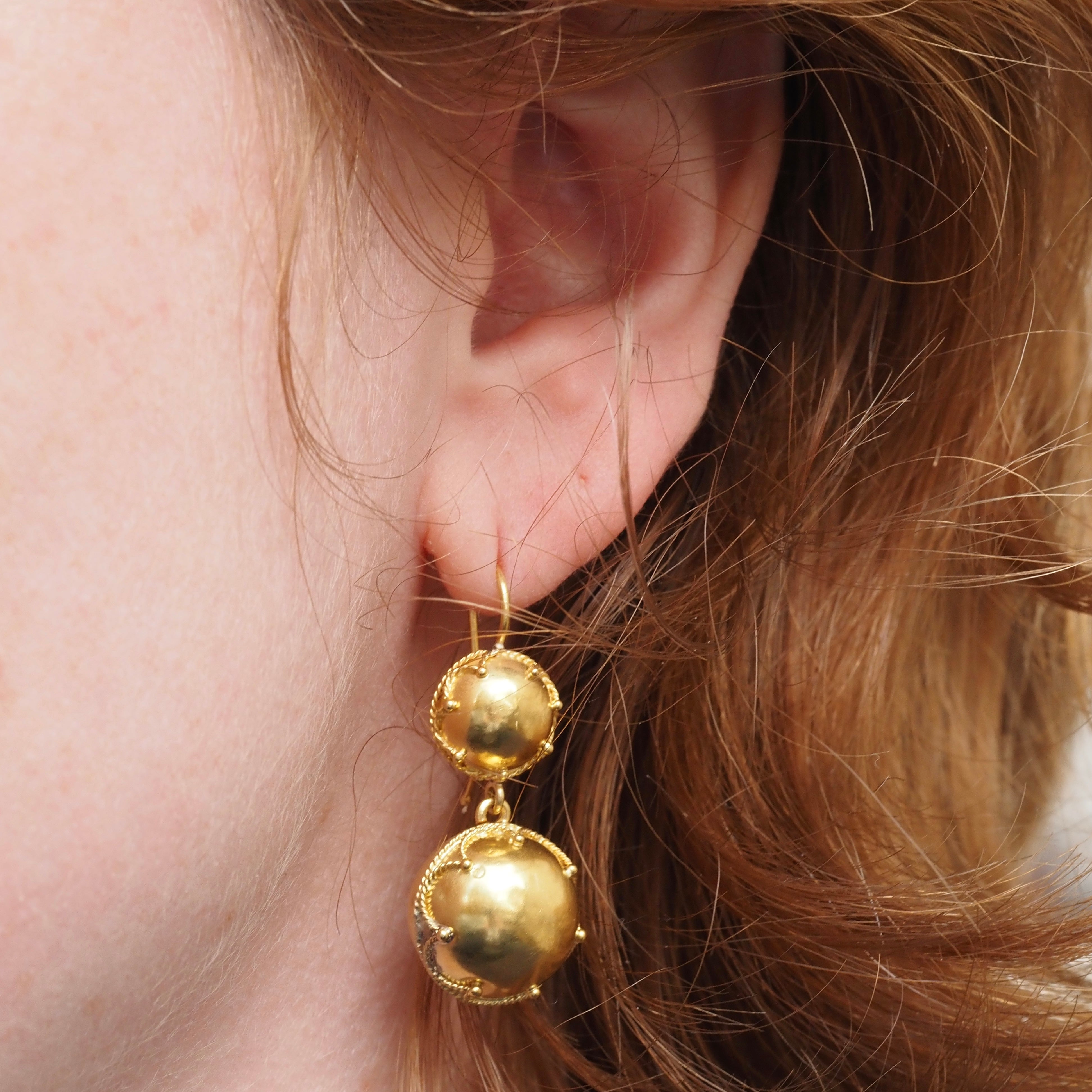 Antique Victorian Etruscan Revival 18k Double Orb Drop Earrings