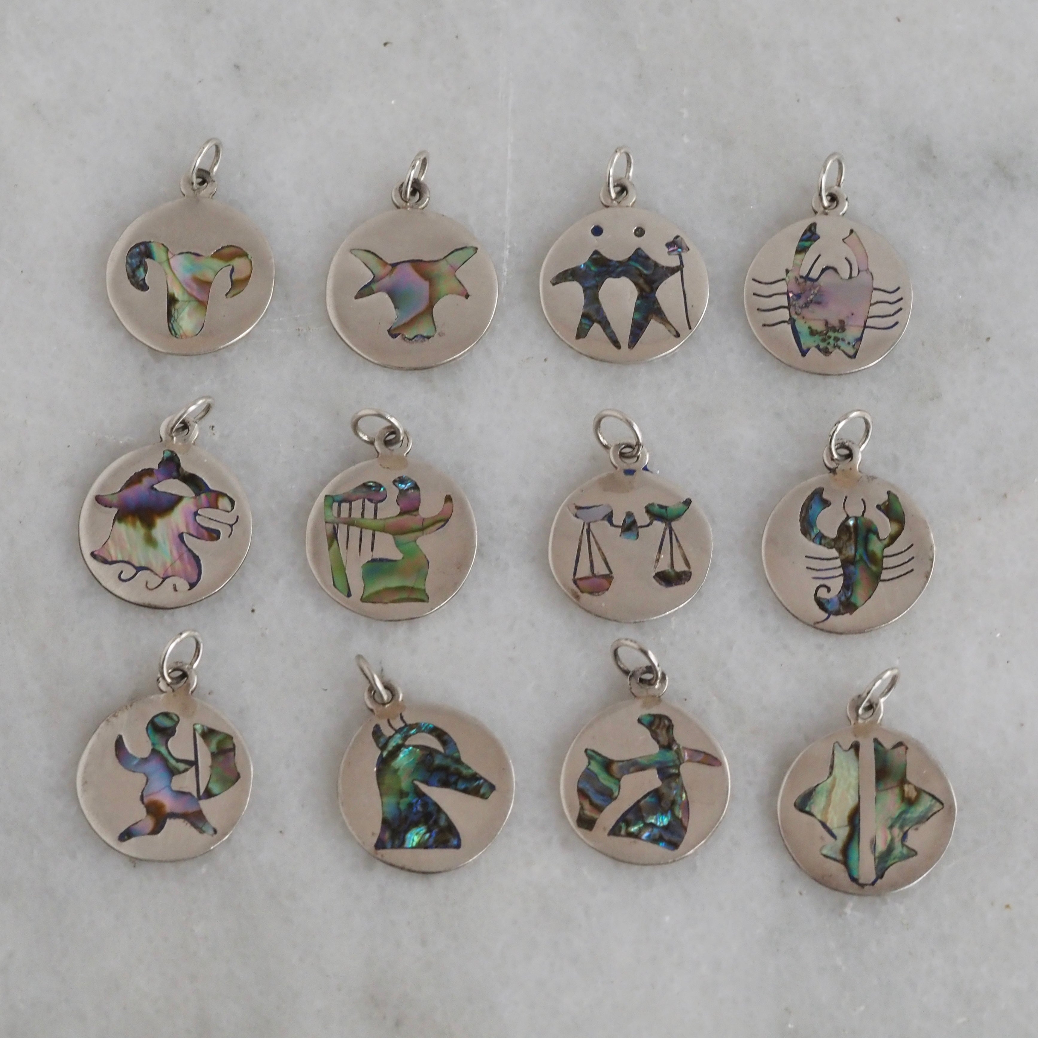 Mid Century Mexican Abalone Sterling Silver Zodiac Pendants