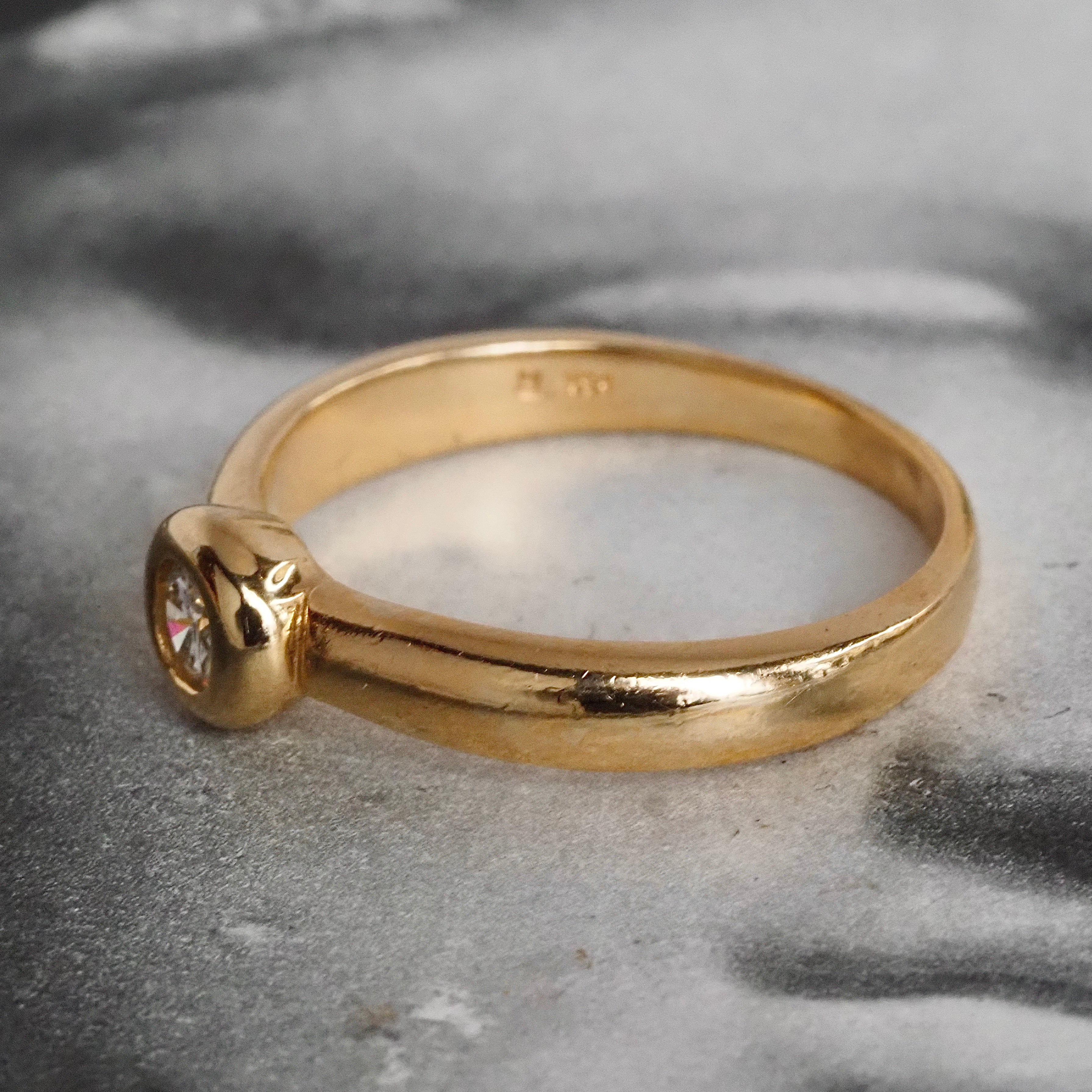 Vintage Round Brilliant Cut Diamond 14k Gold Bezel Set Solitaire Engagement Ring