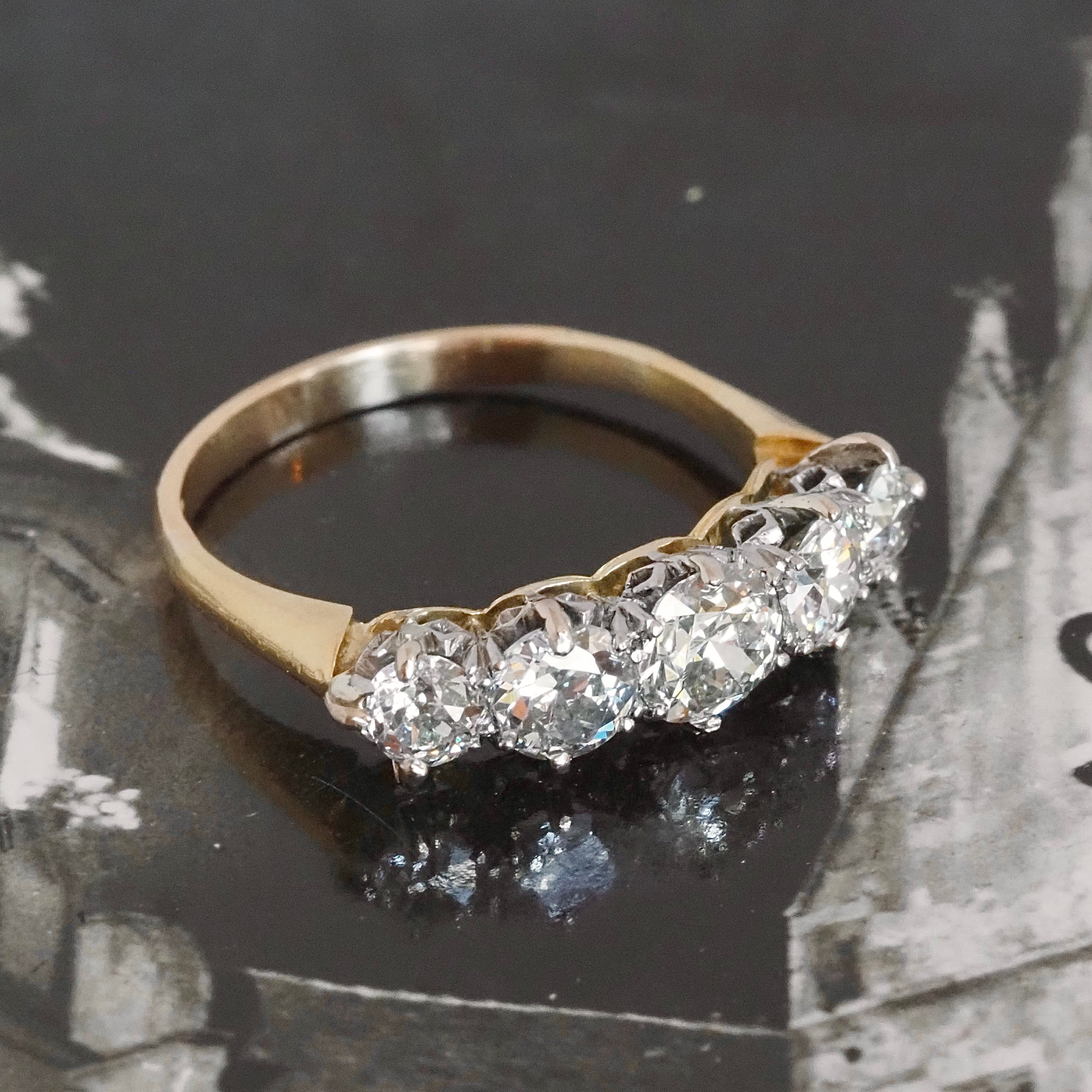 Mid Century Five Stone Old European and Transitional Cut Diamond 14k Gold Ring