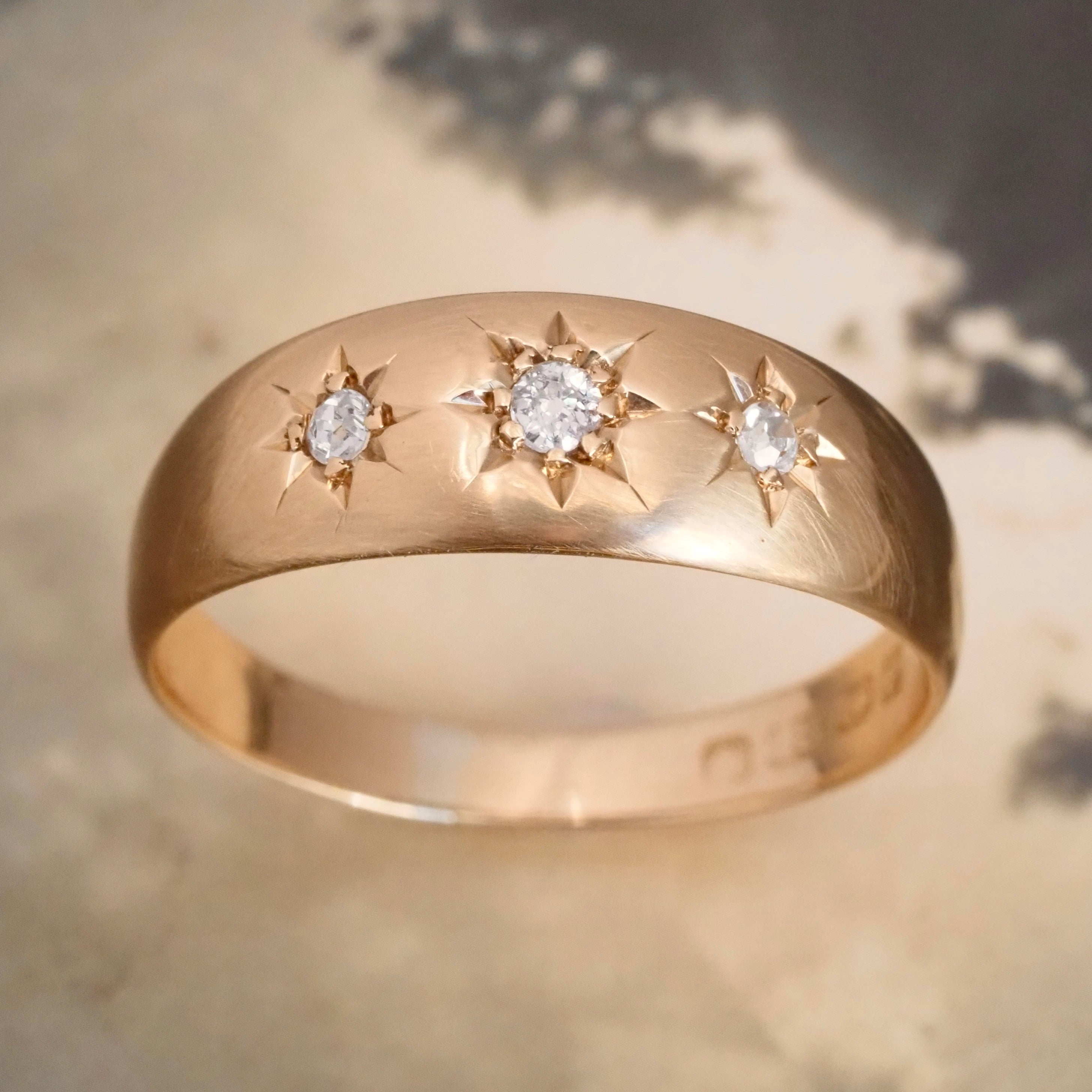 Antique English Edwardian c. 1904 Old Mine Cut Diamond Trilogy Starburst 18k Gold Ring