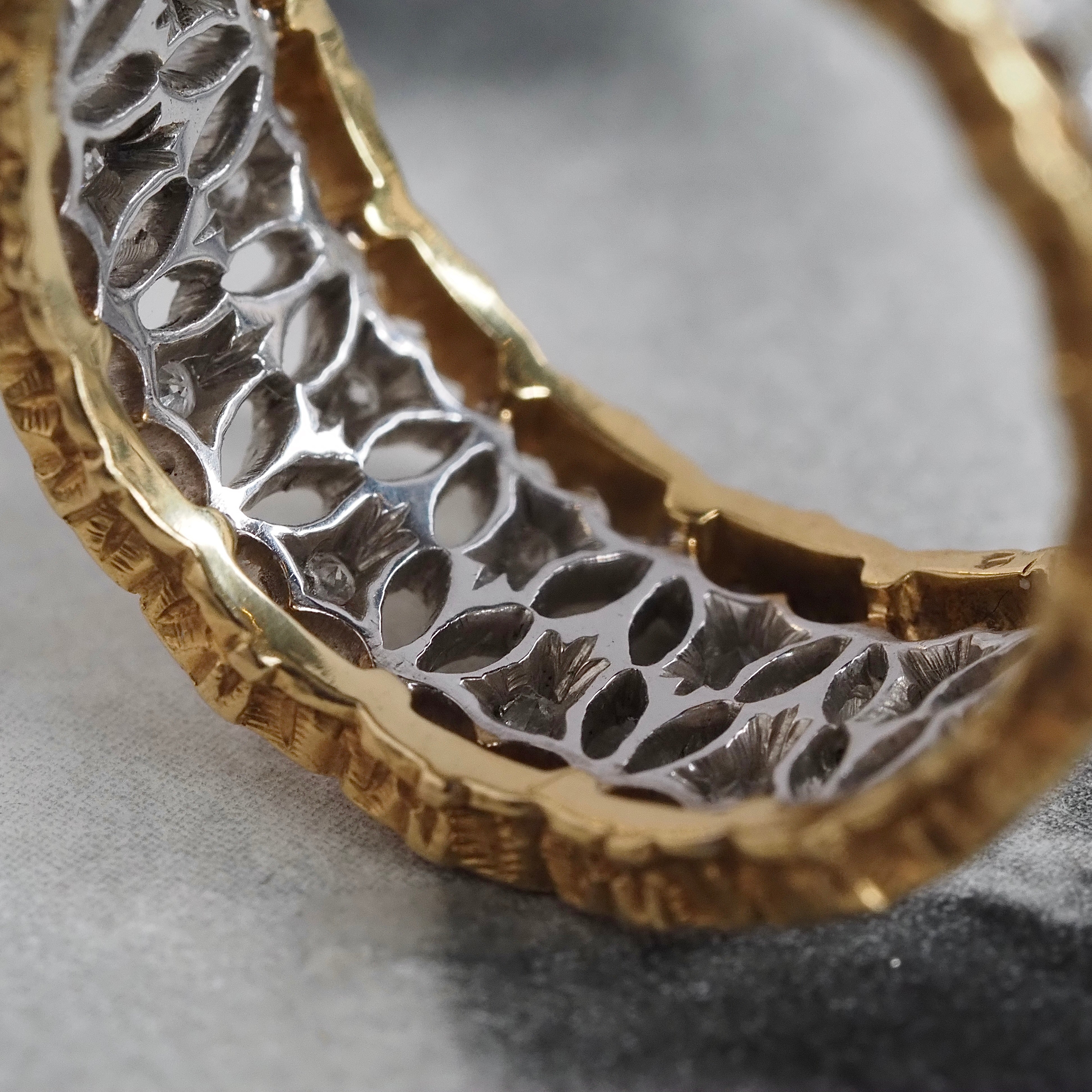Vintage Italian 18k White and Yellow Gold Diamond Wide Lattice Open Work Band