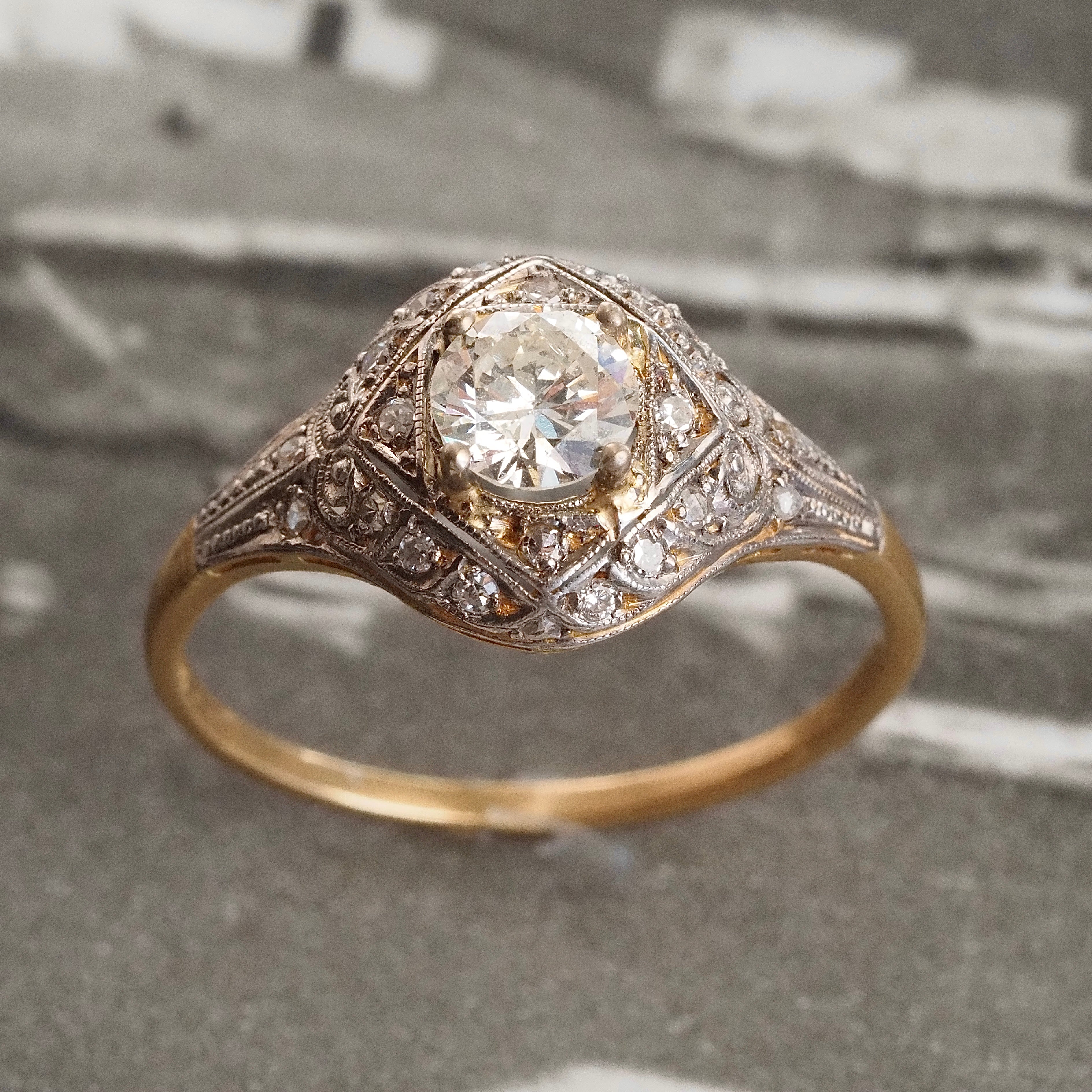 Antique Spanish Art Deco Round Brilliant Cut Diamond Solitaire Engagement Ring