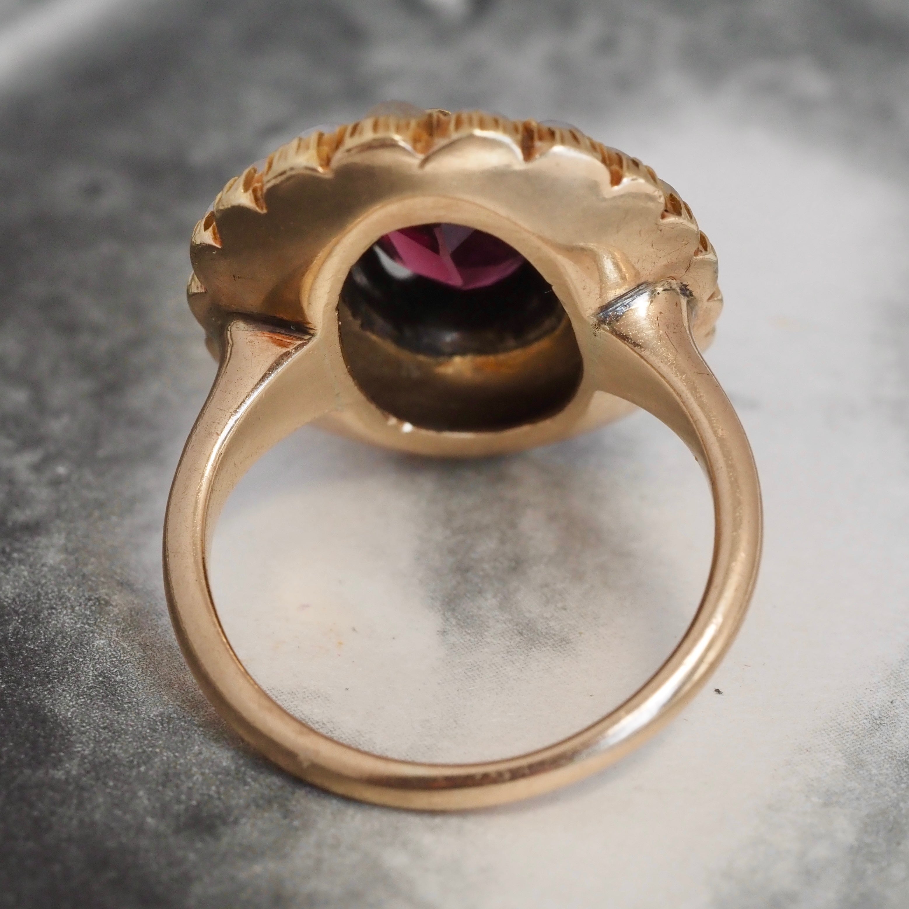 Antique English Late Georgian 14k Gold Rhodolite Garnet and Seed Pearl Double Halo Ring