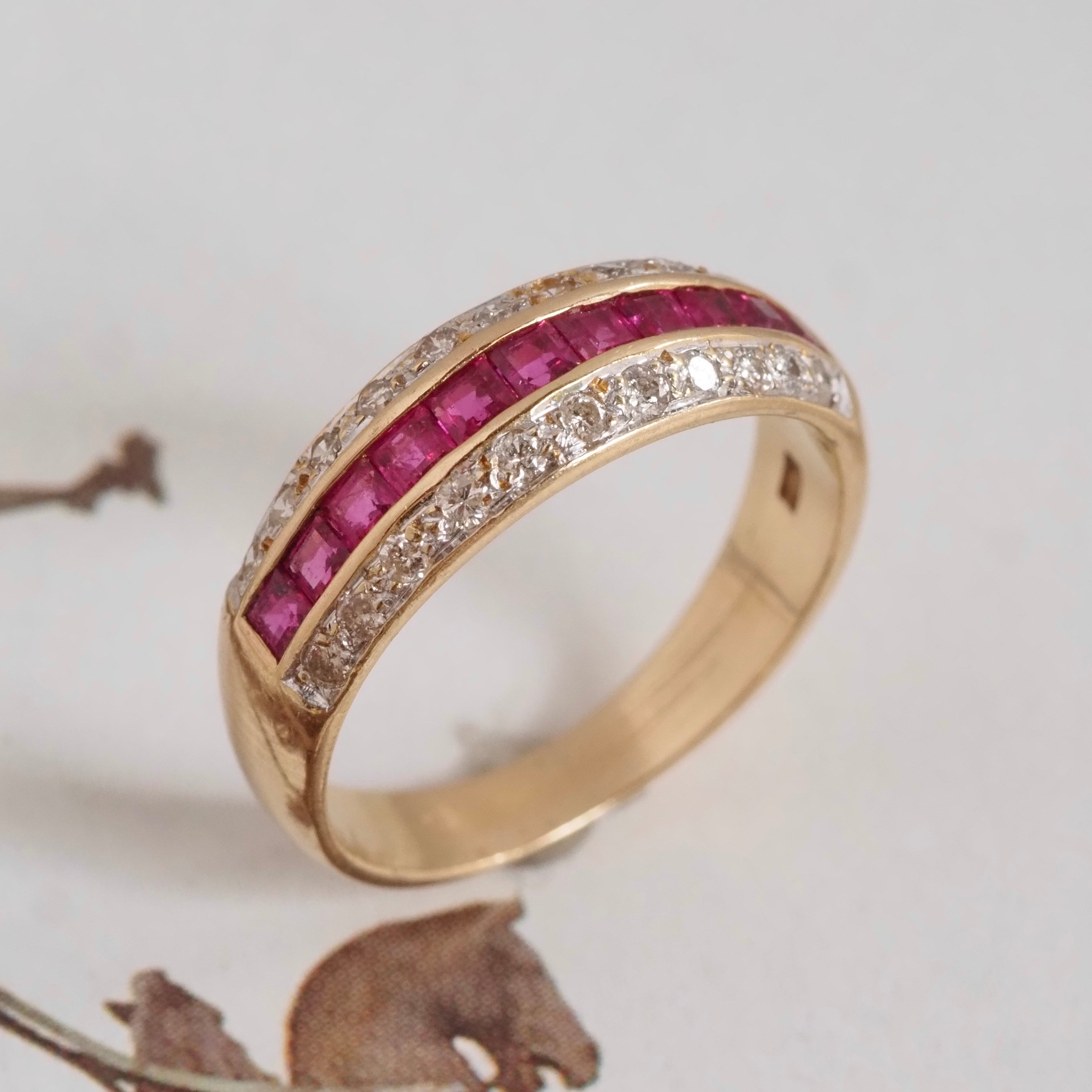 Vintage Channel Set Natural Princess Cut Ruby and Diamond 14k Gold Ring