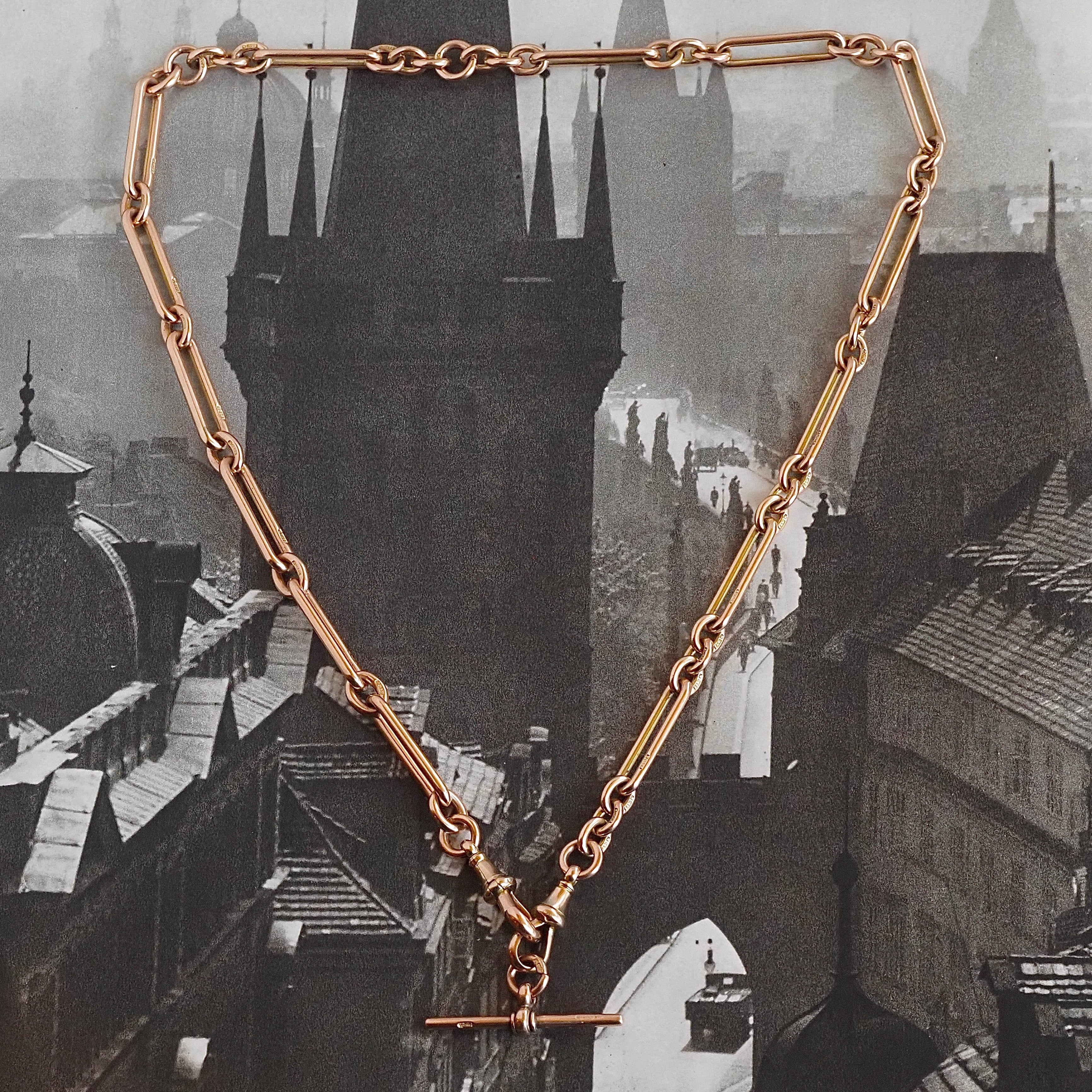 Antique c. 1901 English 9k Gold Trombone Link Albert Watch Chain Necklace with T-Bar and Dog Clips