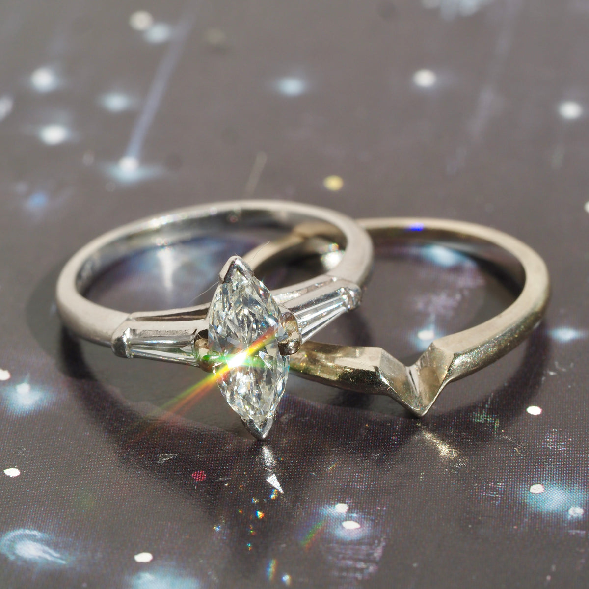 Vintage Marquise and Baguette Diamond Platinum Engagement Ring with 14k White Gold Wedding Band