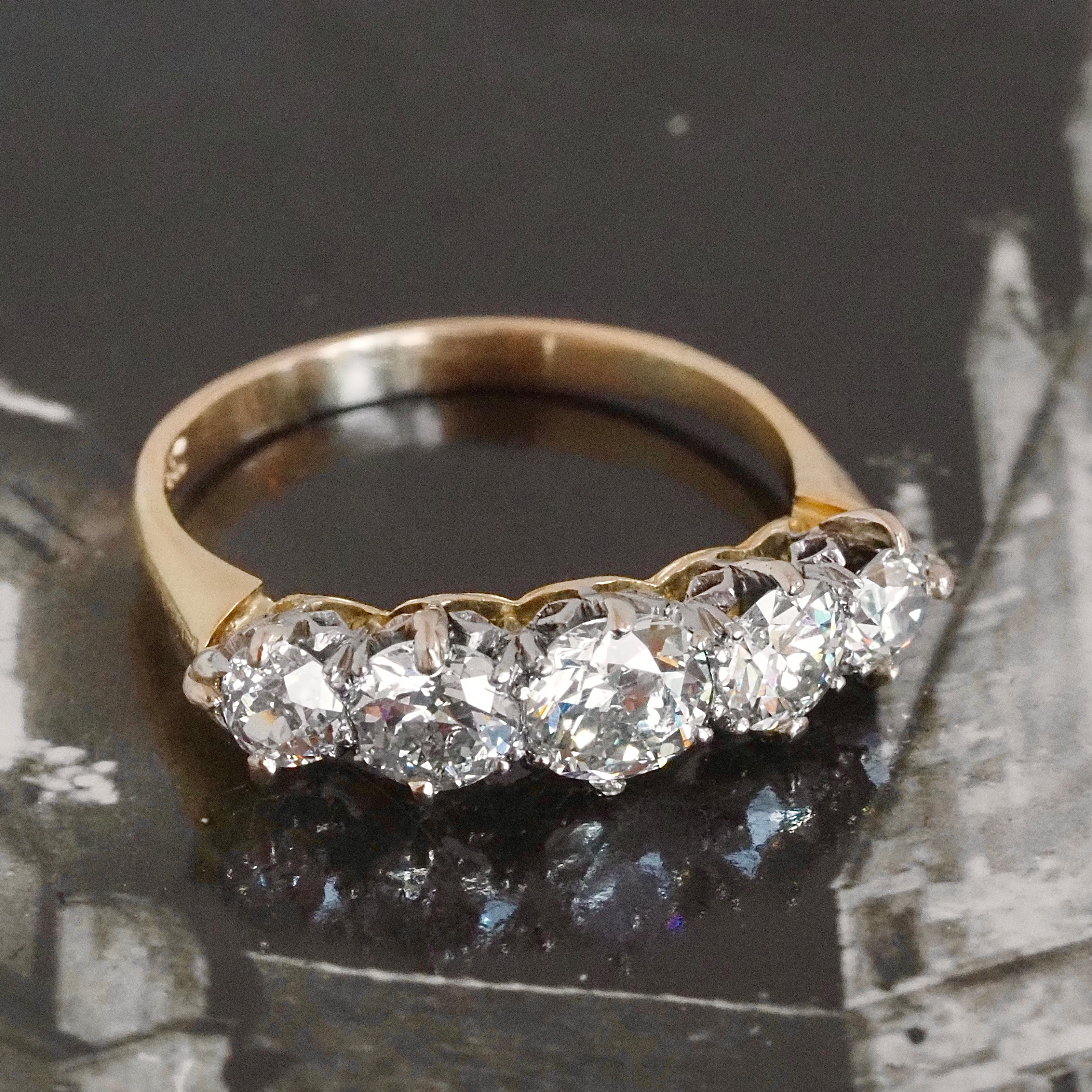 Mid Century Five Stone Old European and Transitional Cut Diamond 14k Gold Ring