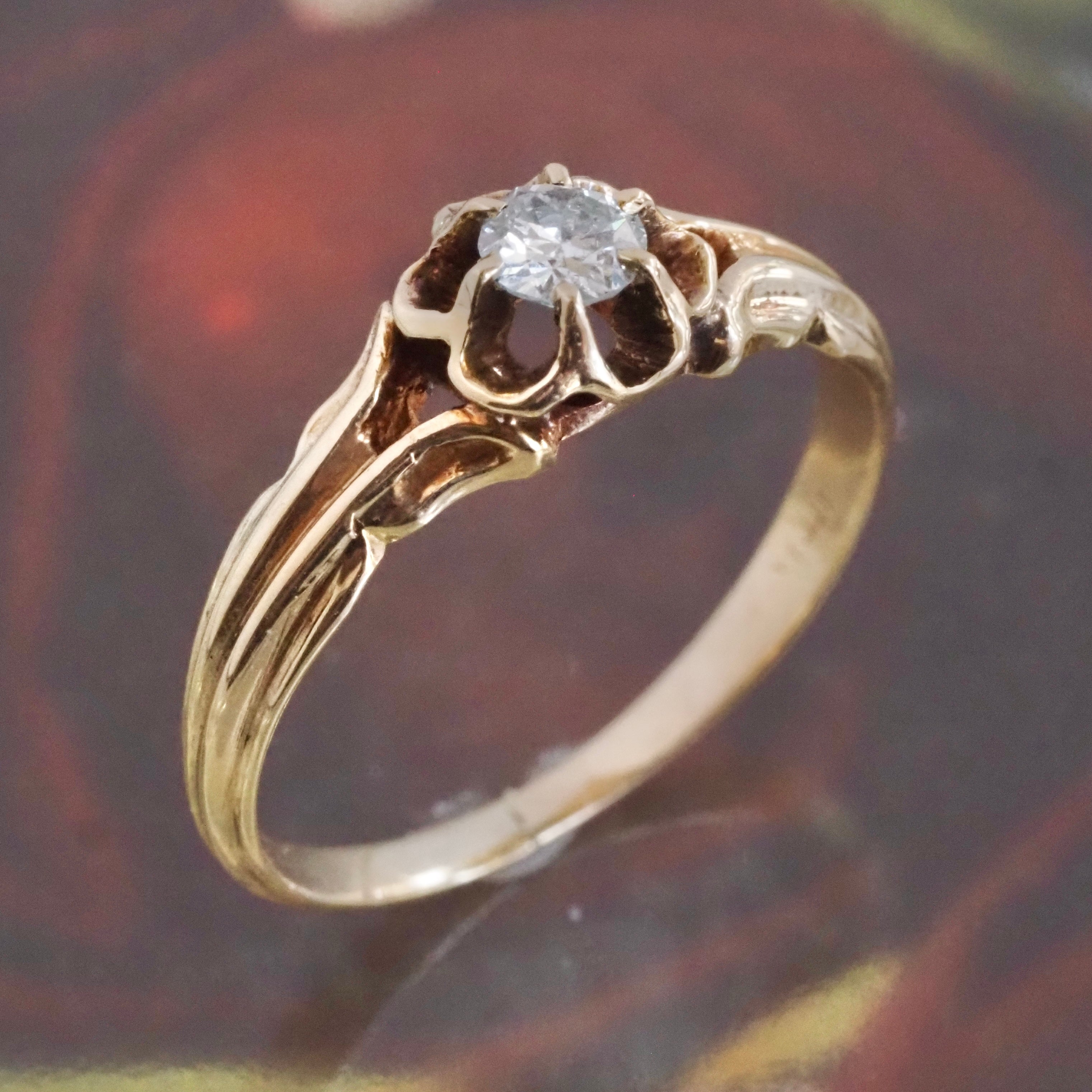 Antique Victorian Old European Cut Diamond Floral Belcher 14k Gold Engagement Ring