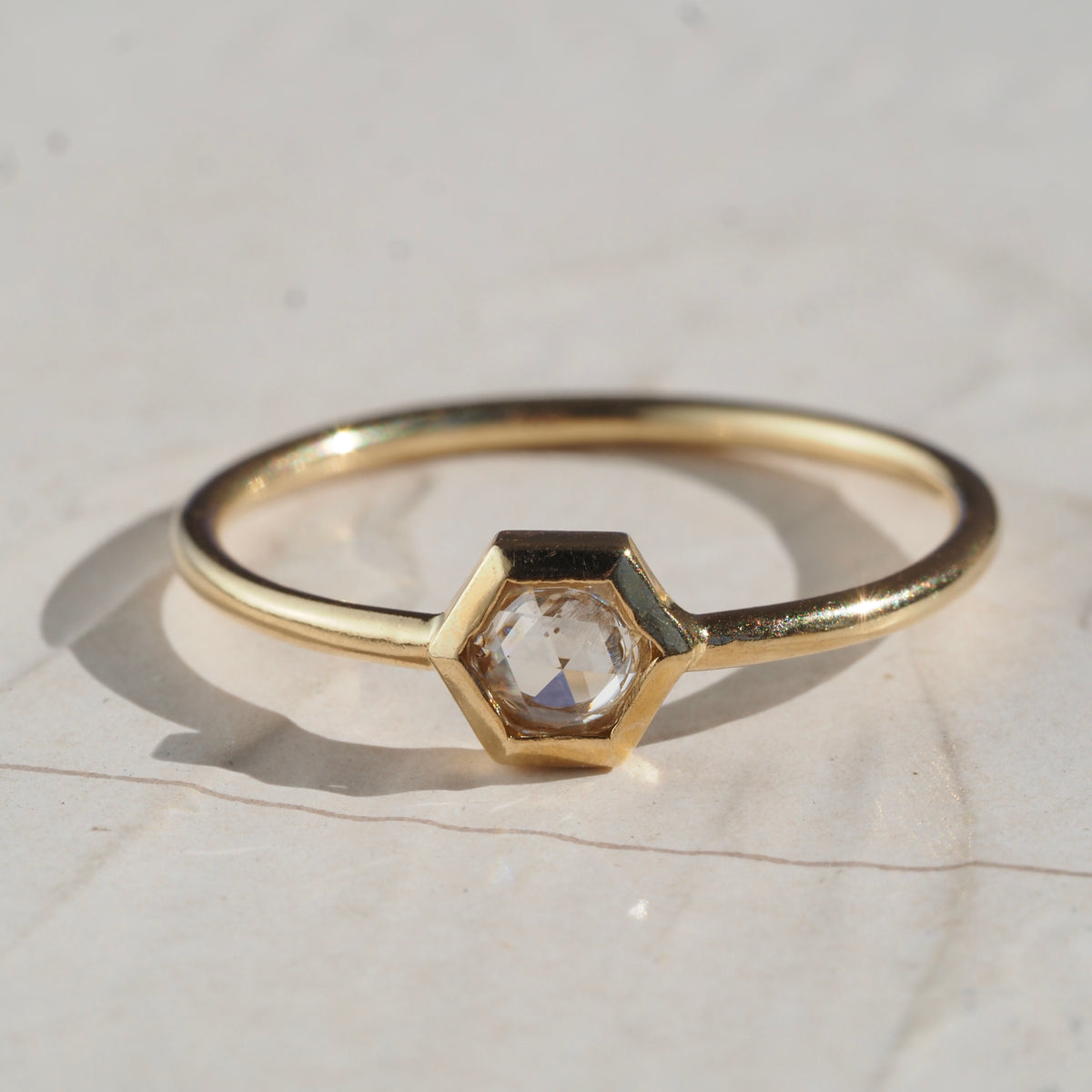 Rose Cut Diamond Hexagon 14k Gold Ring