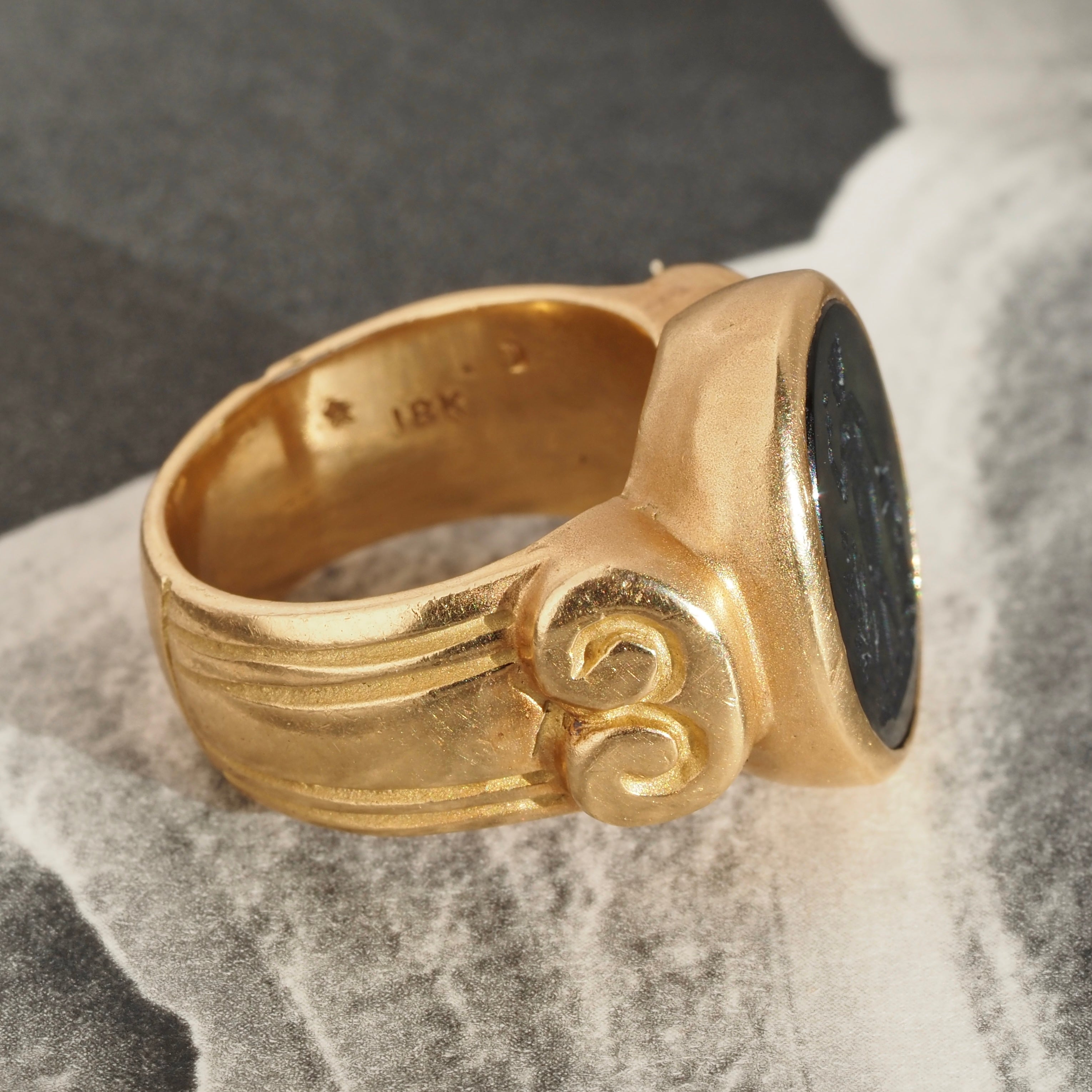 Vintage Classical Style Figurative Intaglio Green Tourmaline 18k Gold Signet Ring