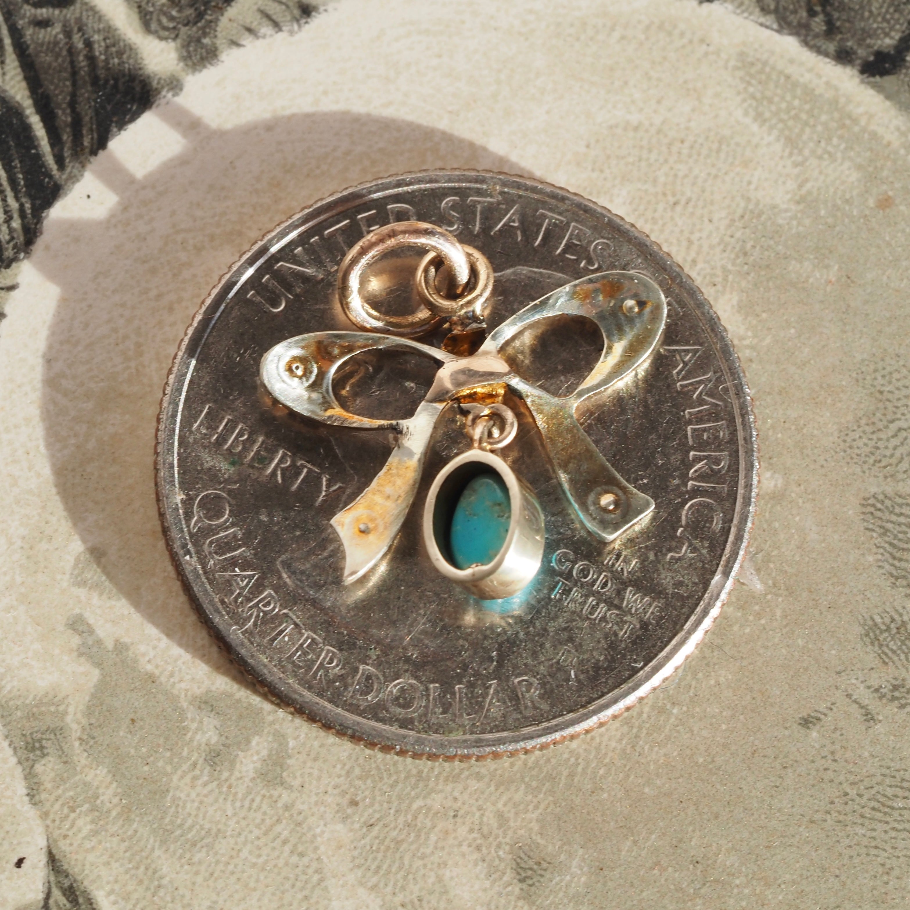 Antique Seed Pearl and Turquoise 10k Gold Bow Charm Pendant