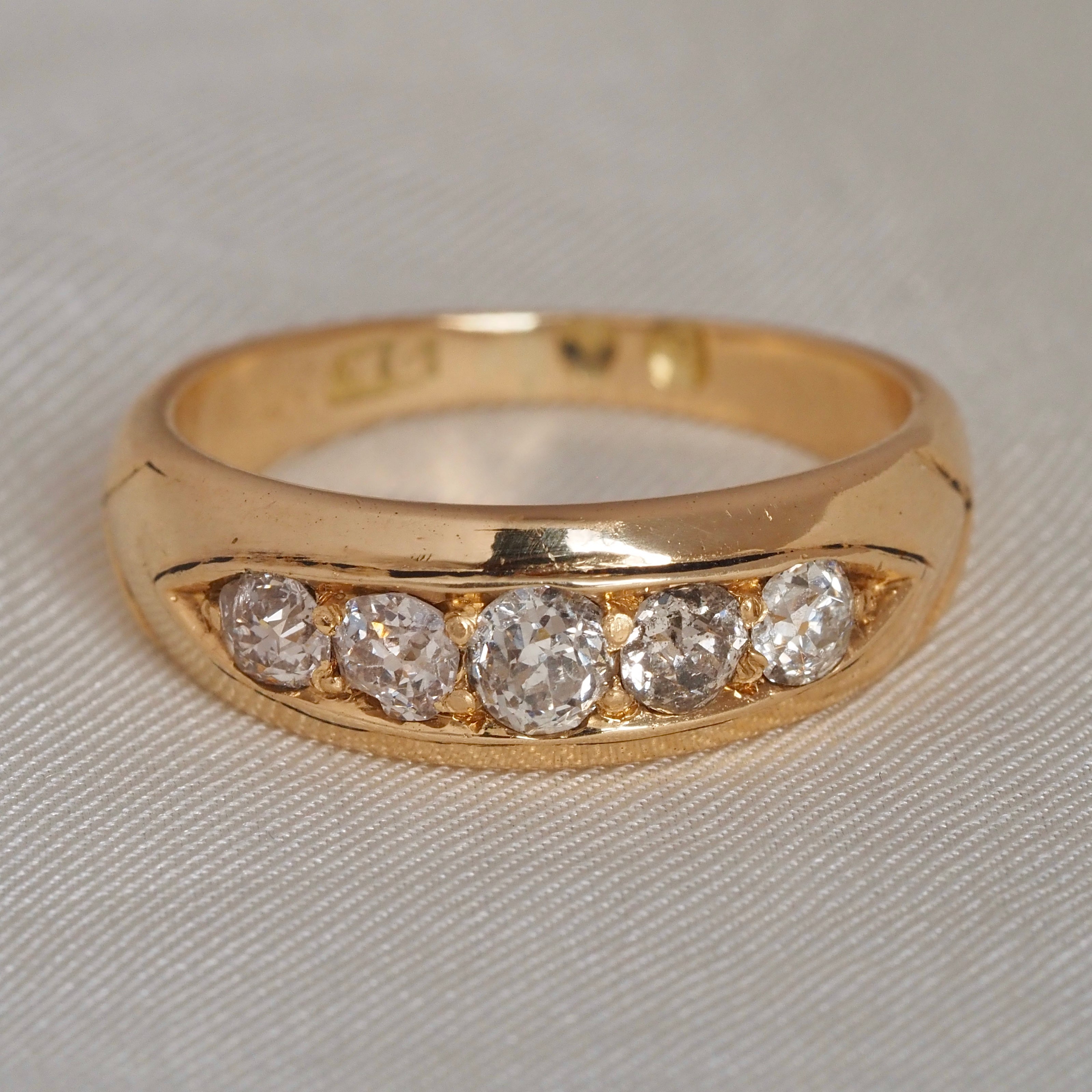 Midcentury c. 1951 English 18k Gold Old Mine Cut Diamond Five Stone Boat Engagement Ring