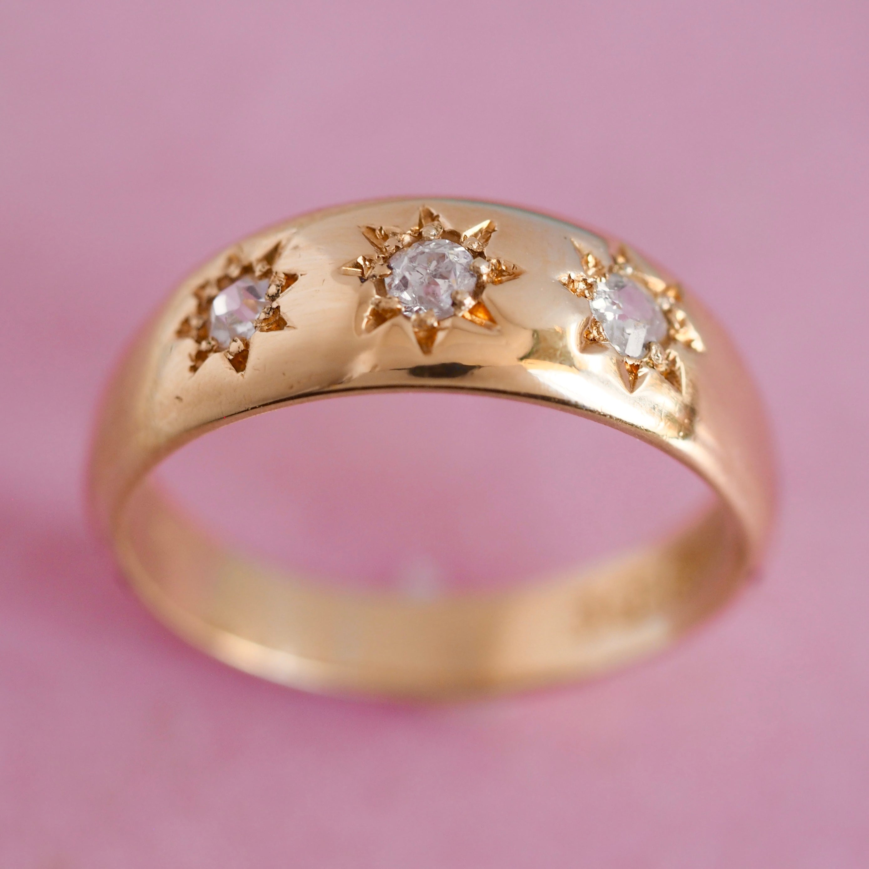 Antique c.1915 Birmingham 18k Gold Old Mine Cut Diamond Starburst Trilogy Ring